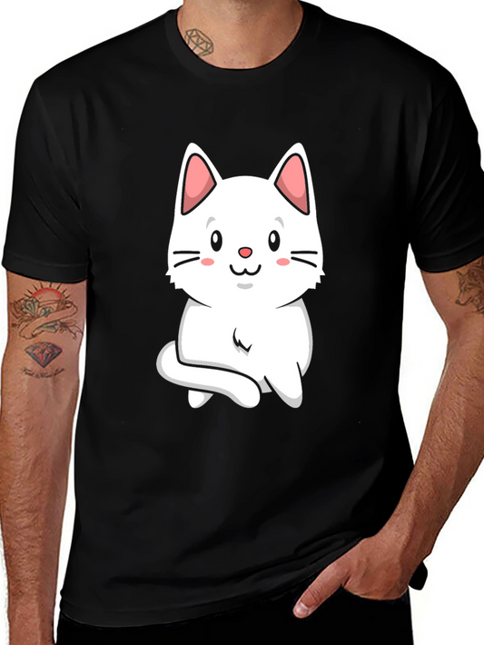 Cute Cat Graphic Tee - Black Cotton T-Shirt