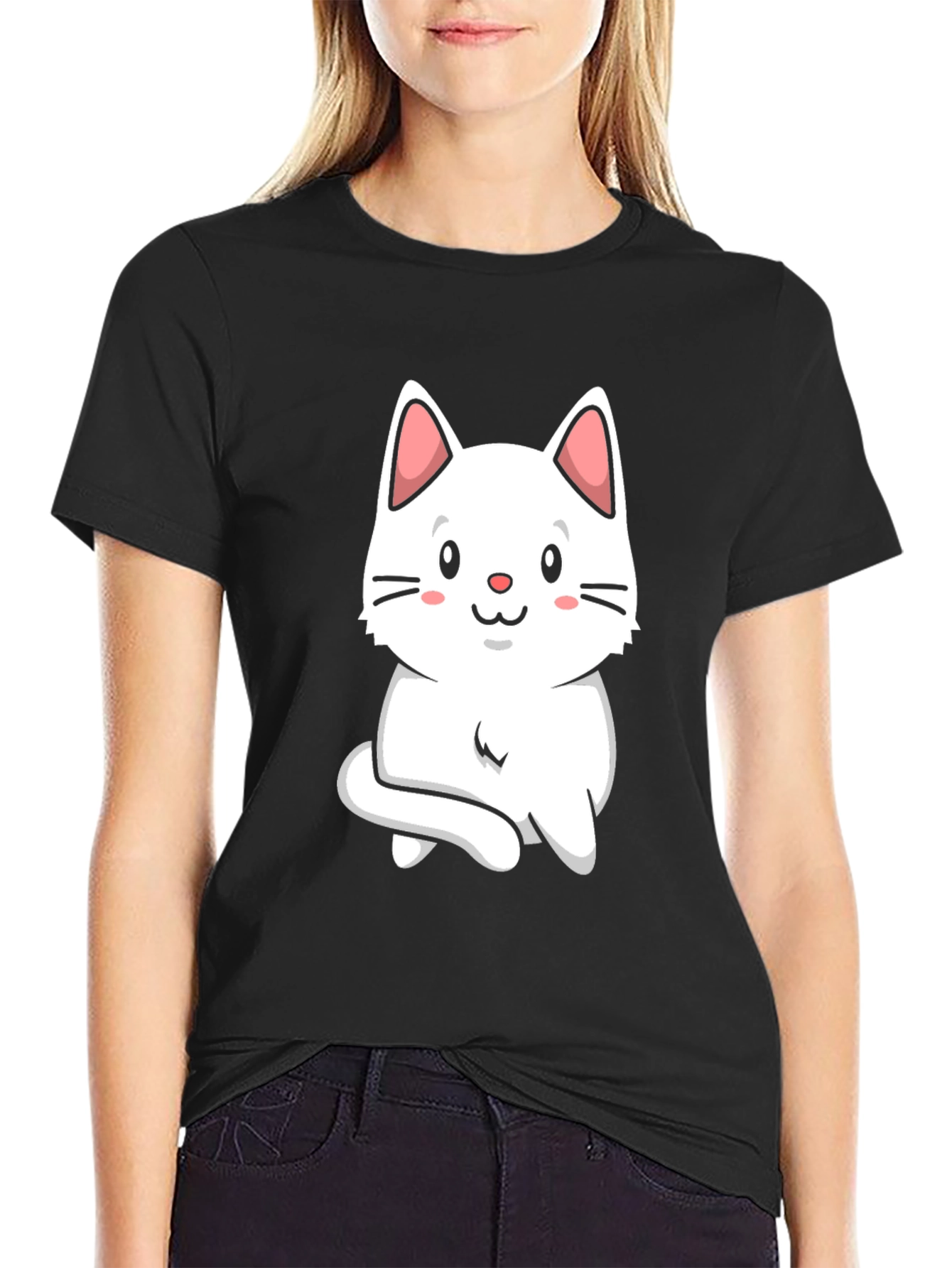 Cute Cat Graphic Tee - Black Cotton T-Shirt