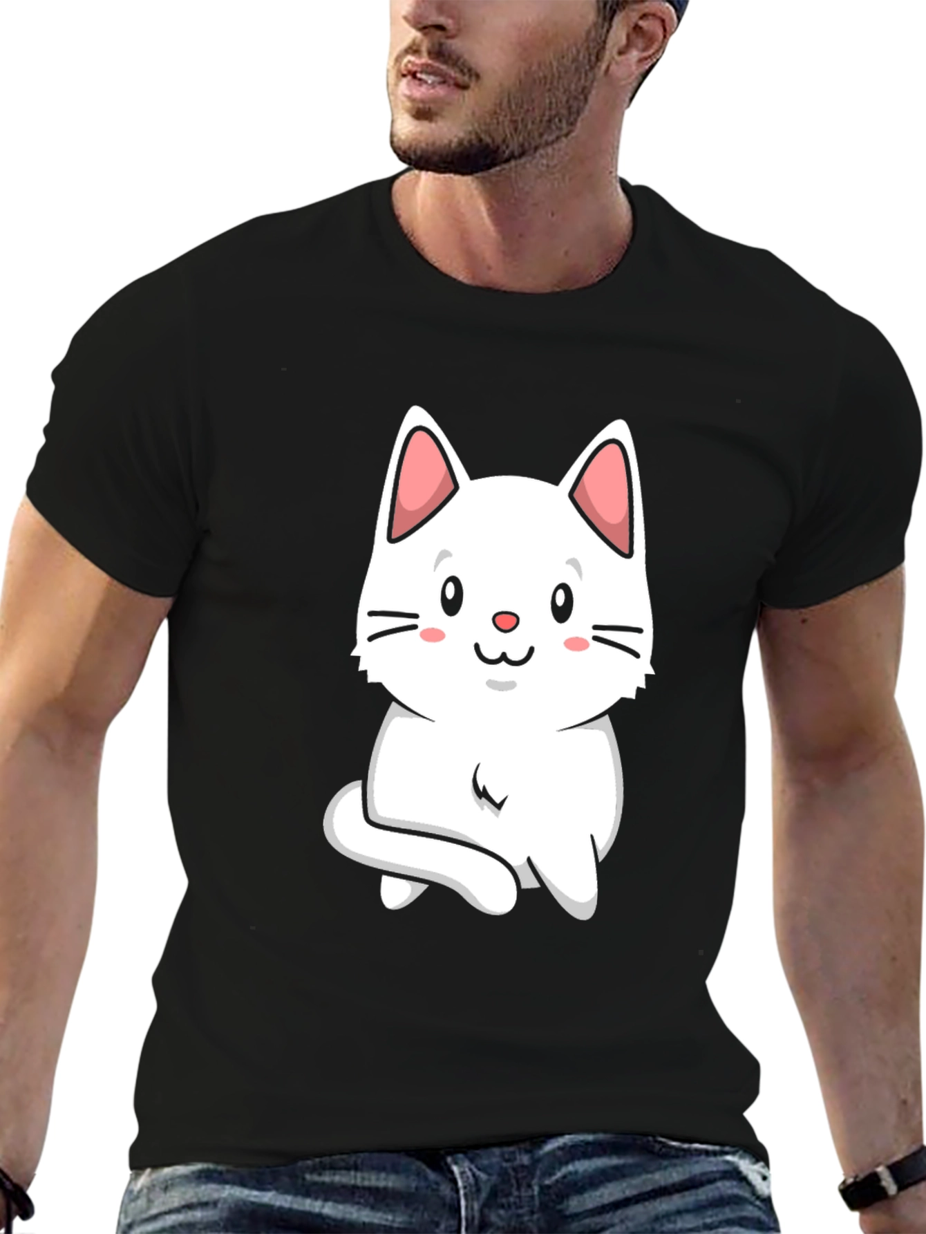 Cute Cat Graphic Tee - Black Cotton T-Shirt