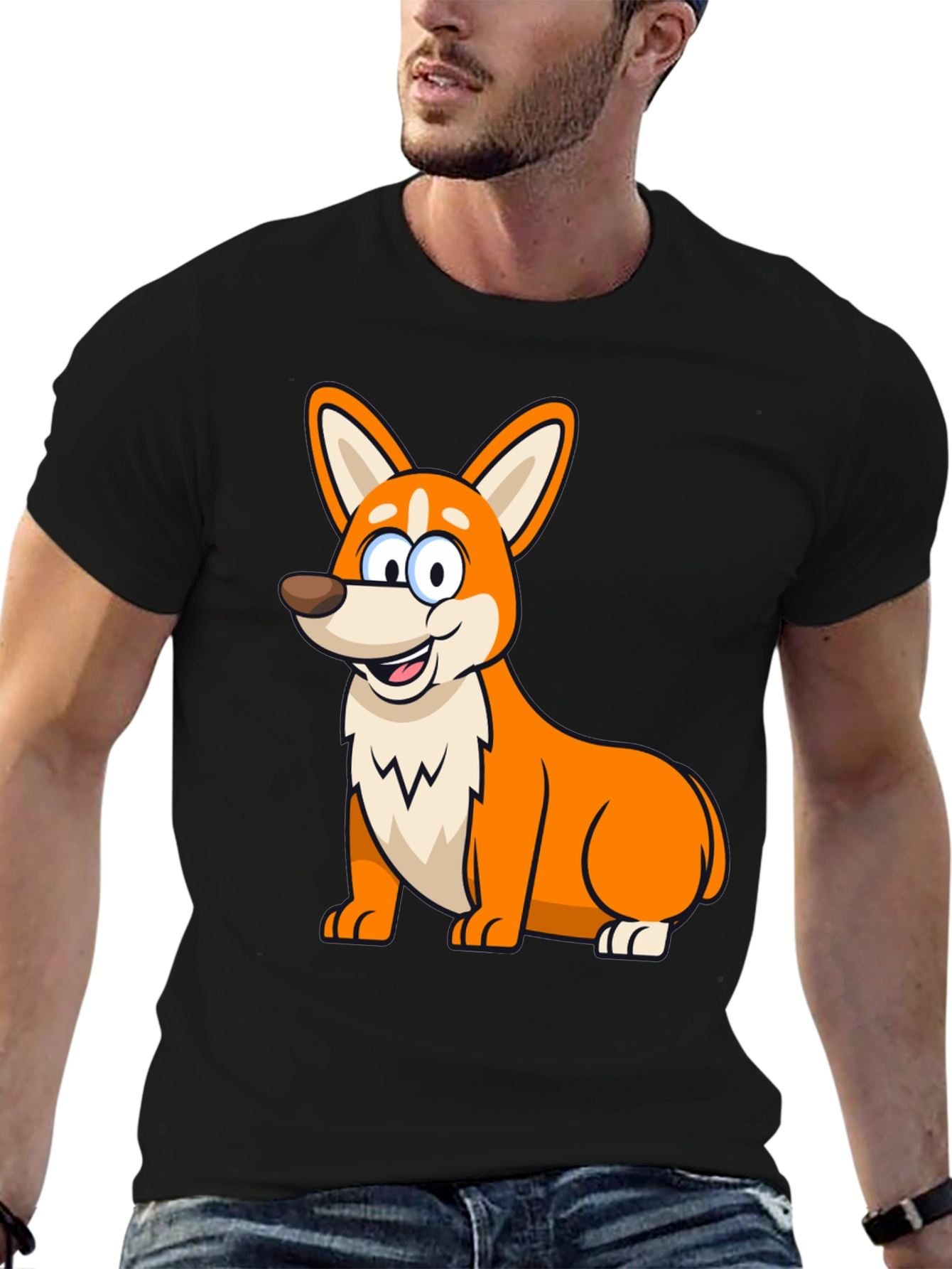 Cute Corgi Cartoon Black T-Shirt