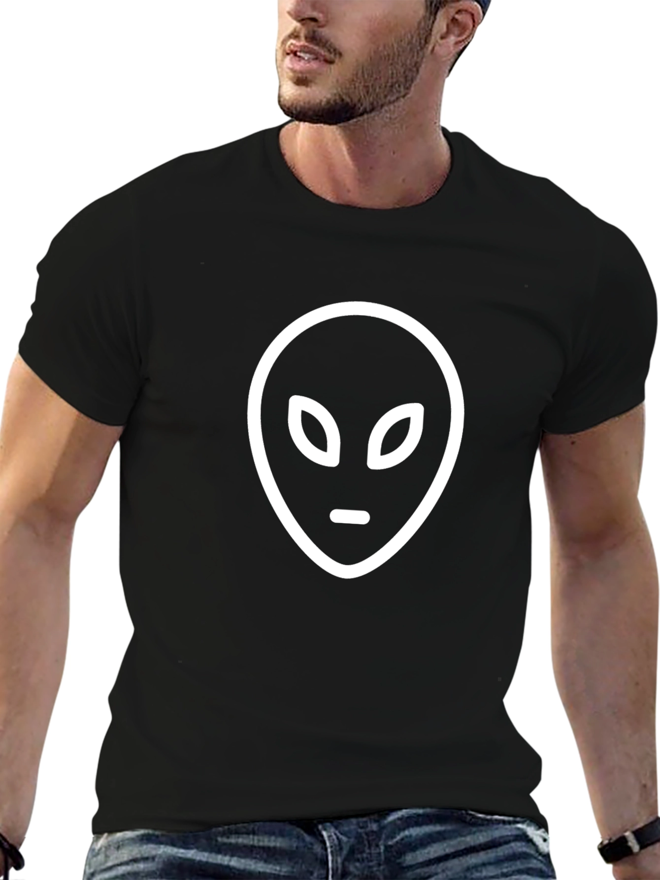 Alien Head Graphic Tee - Black Cotton T-Shirt
