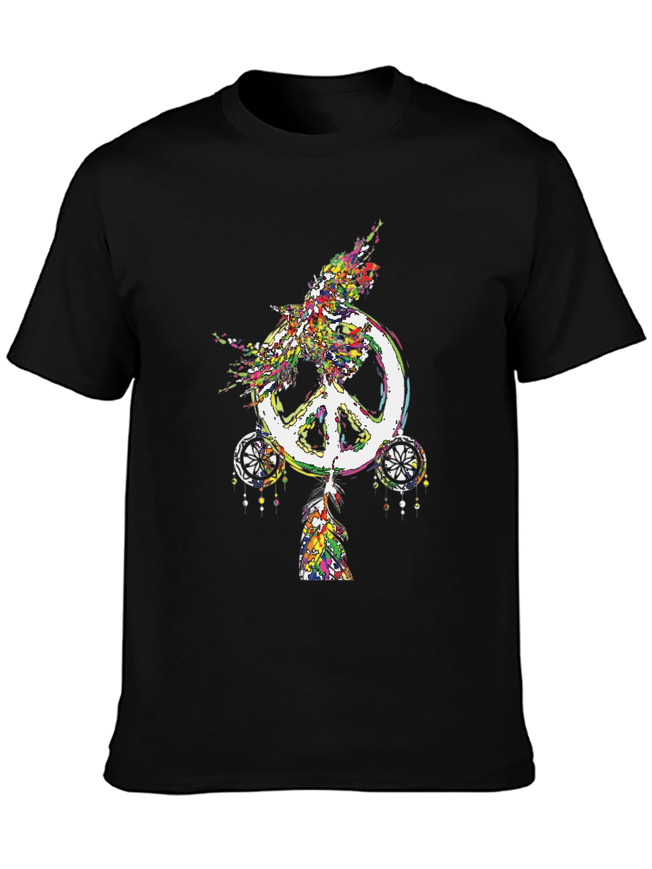 Peace Sign Feather Graphic Tee - Black
