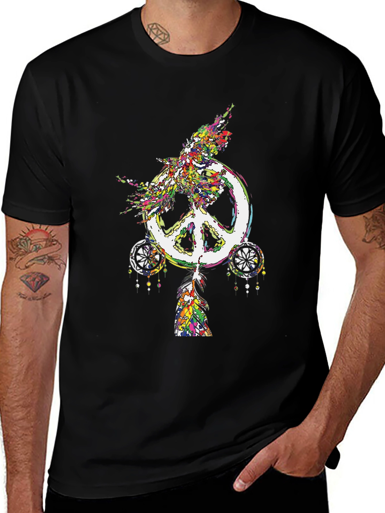 Peace Sign Feather Graphic Tee - Black