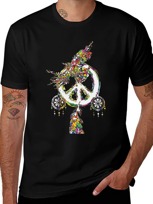 Peace Sign Feather Graphic Tee - Black