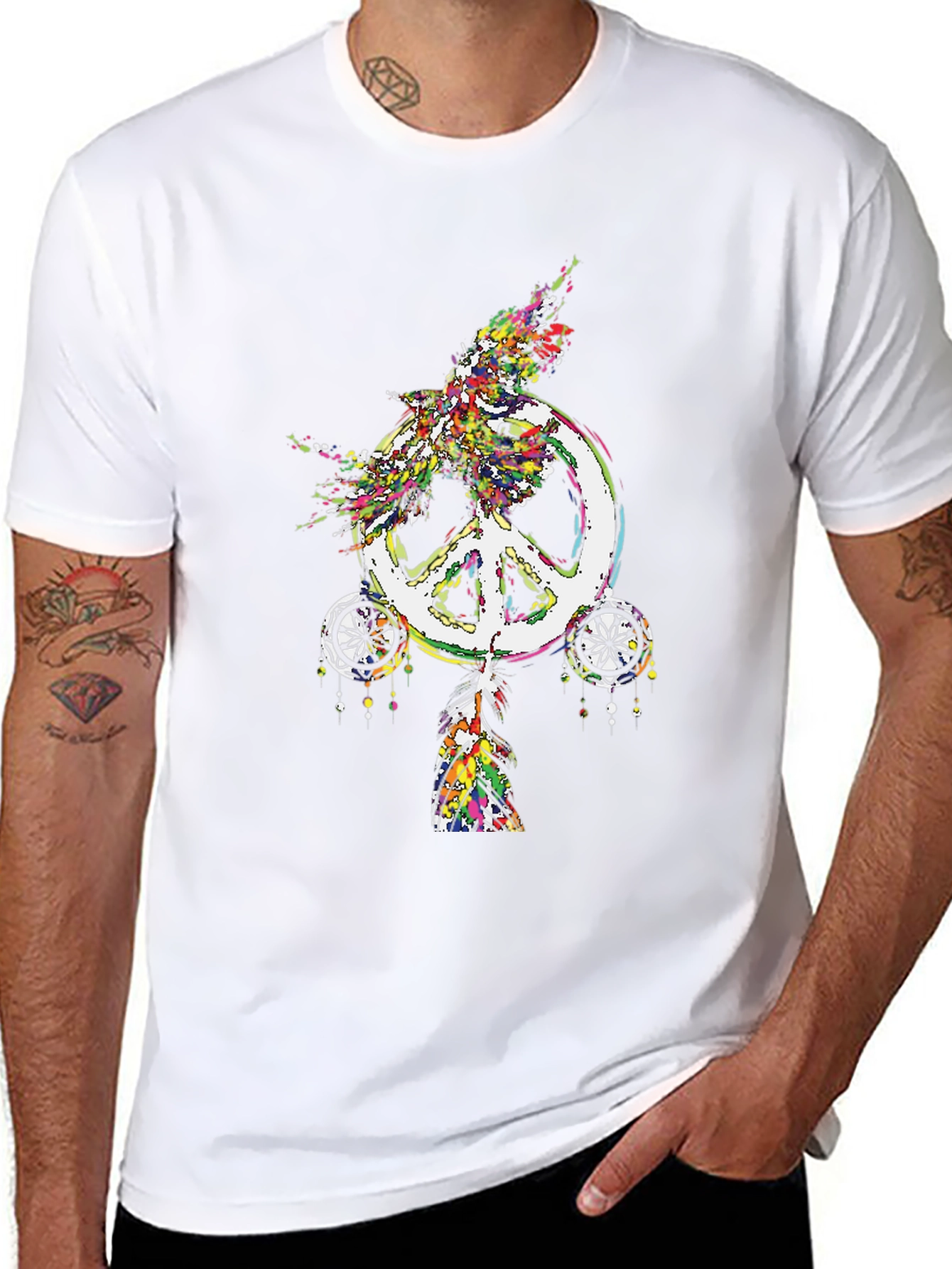 Peace Sign Feather Graphic Tee - Black