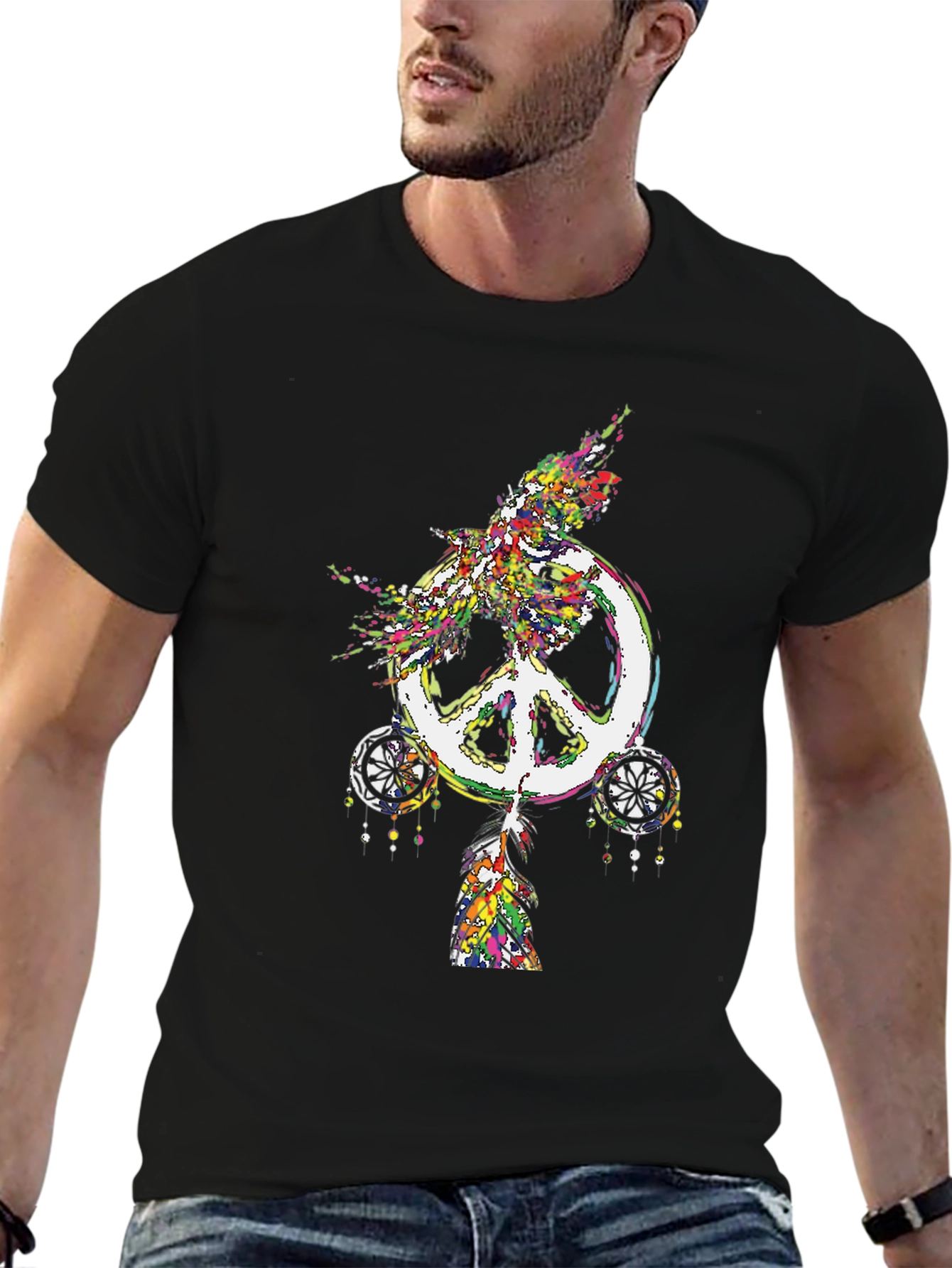 Peace Sign Feather Graphic Tee - Black