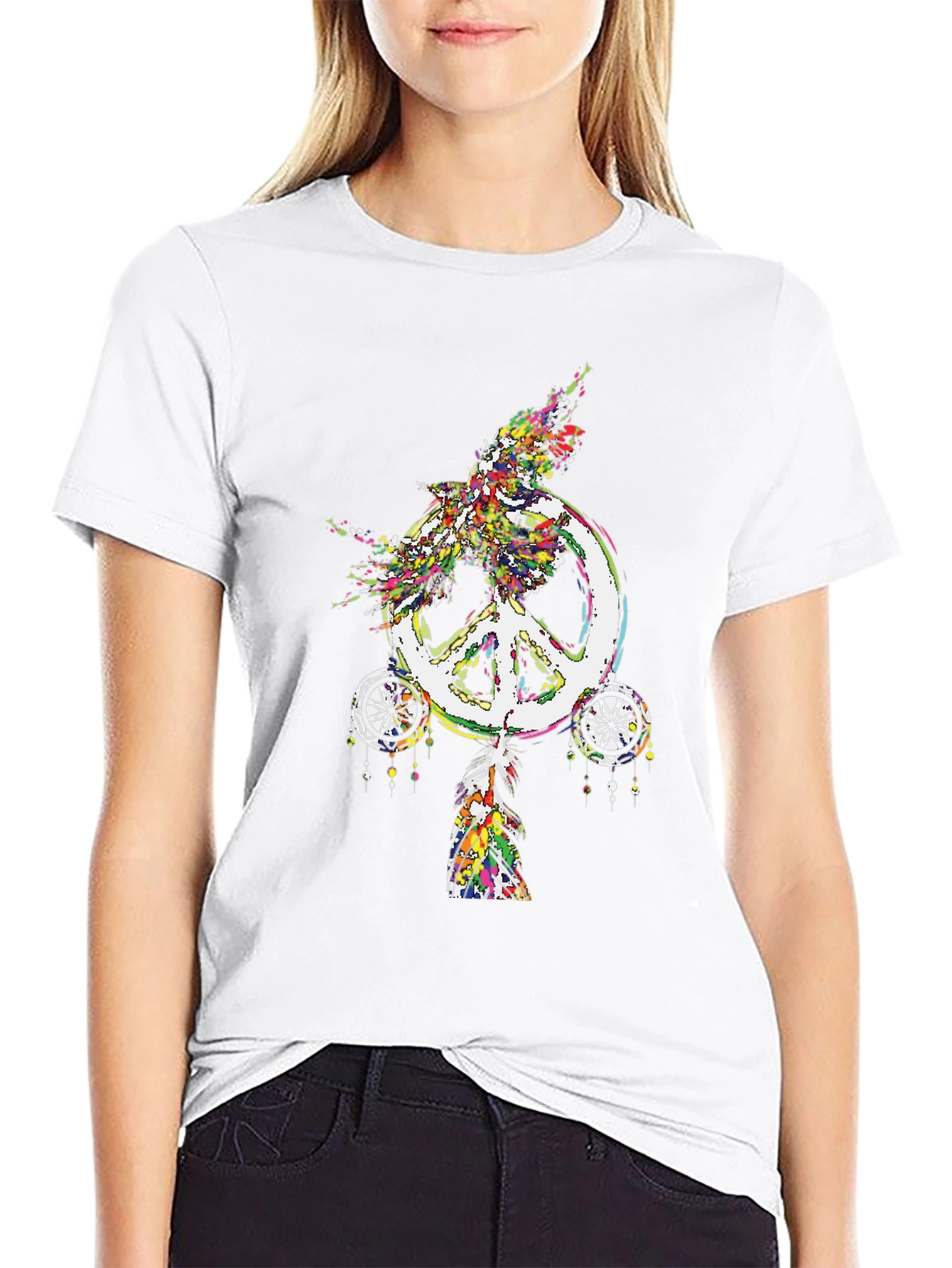 Peace Sign Feather Graphic Tee - Black