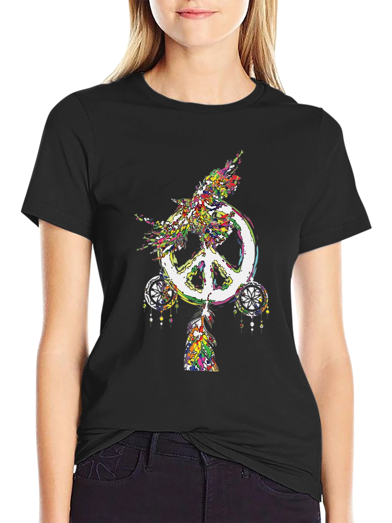 Peace Sign Feather Graphic Tee - Black