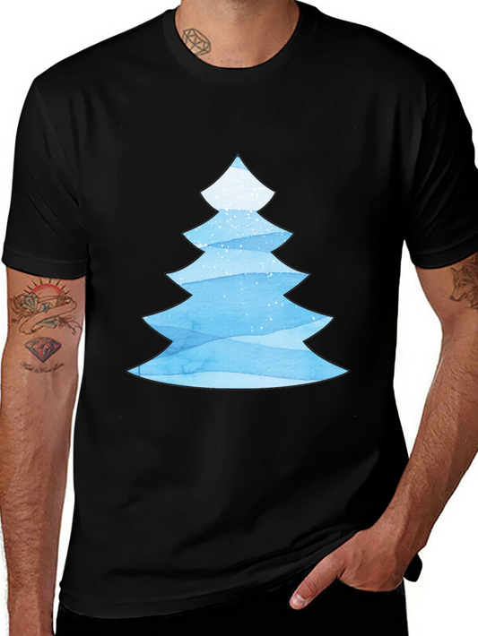 Blue Watercolor Christmas Tree Black T-Shirt