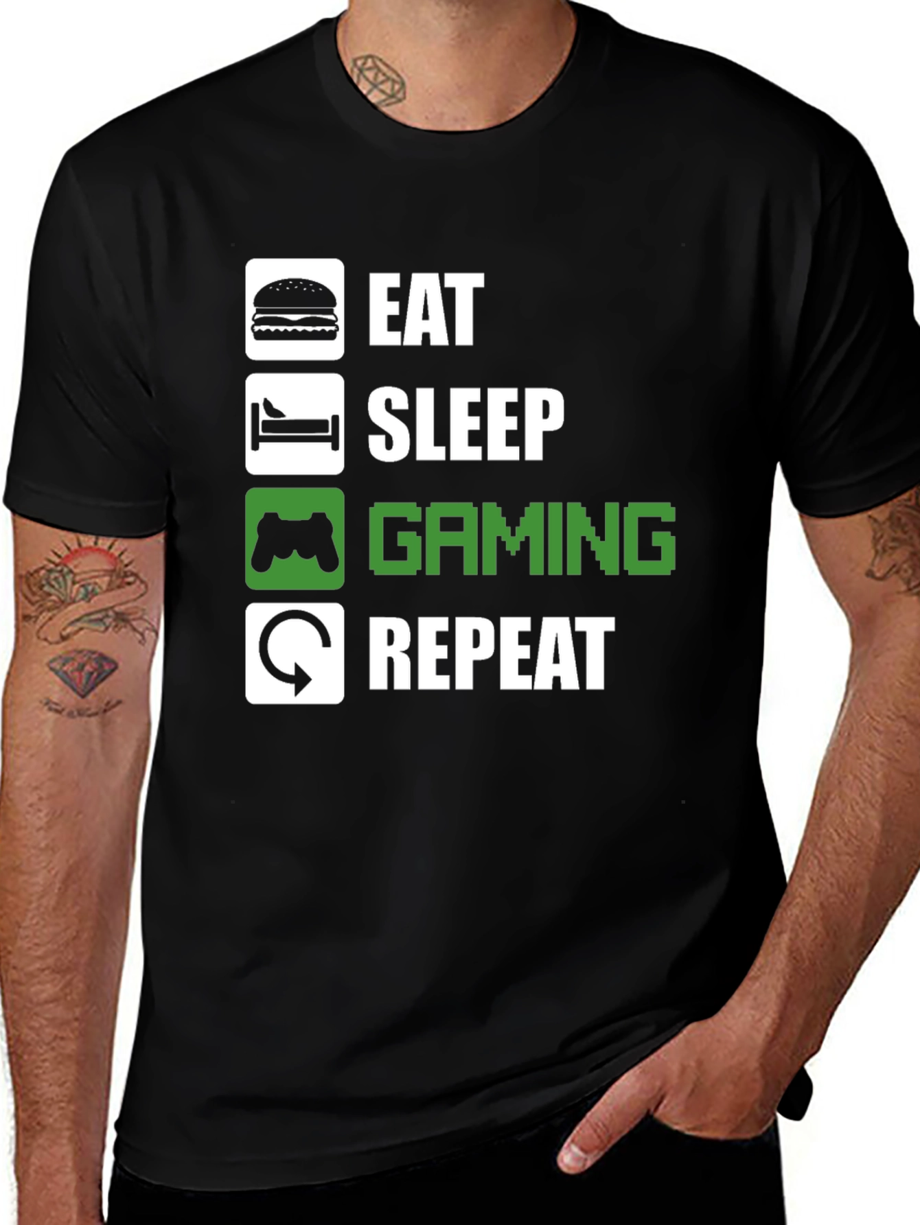 Eat Sleep Gaming Repeat Black Graphic T-Shirt