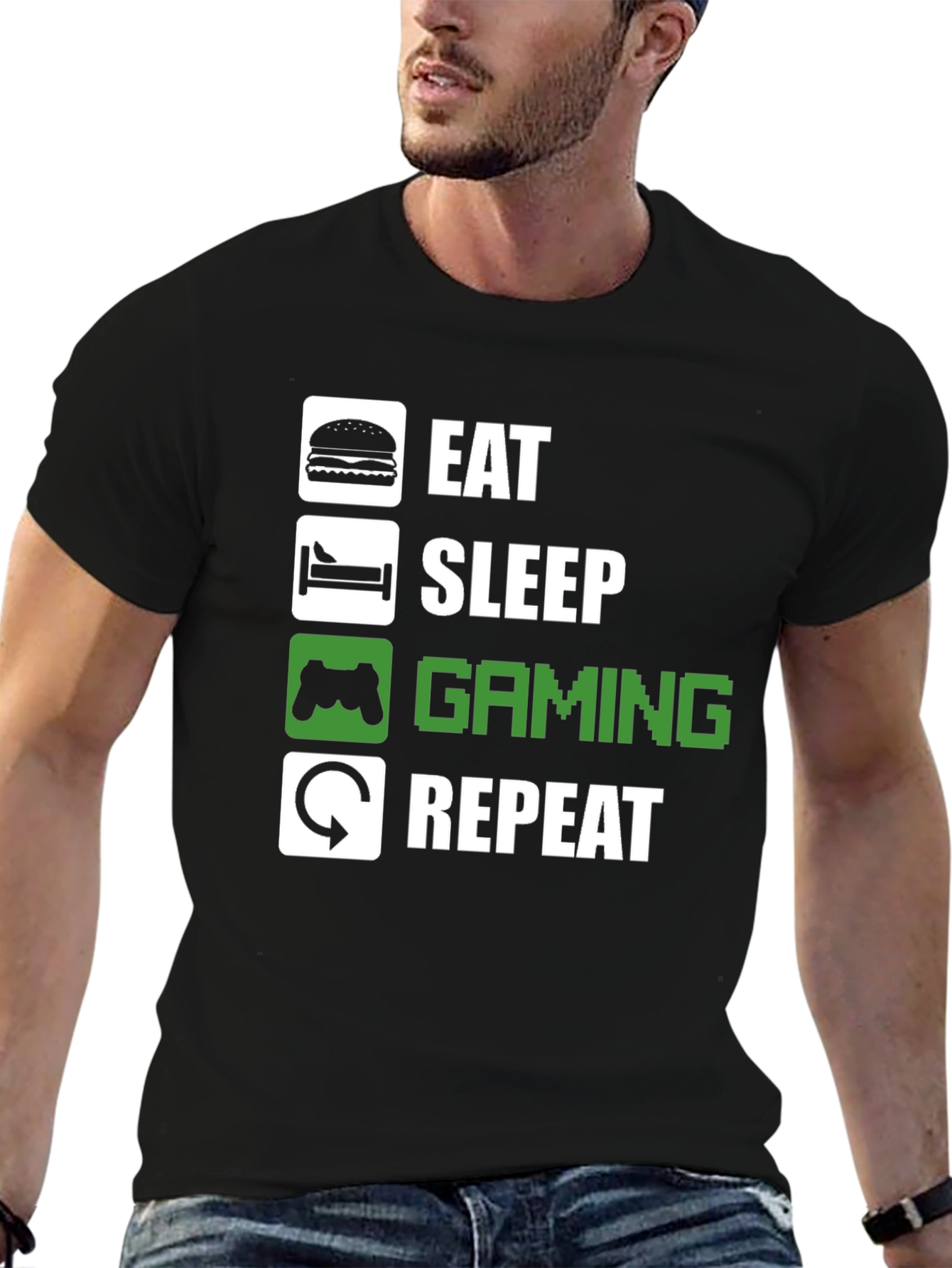 Eat Sleep Gaming Repeat Black Graphic T-Shirt
