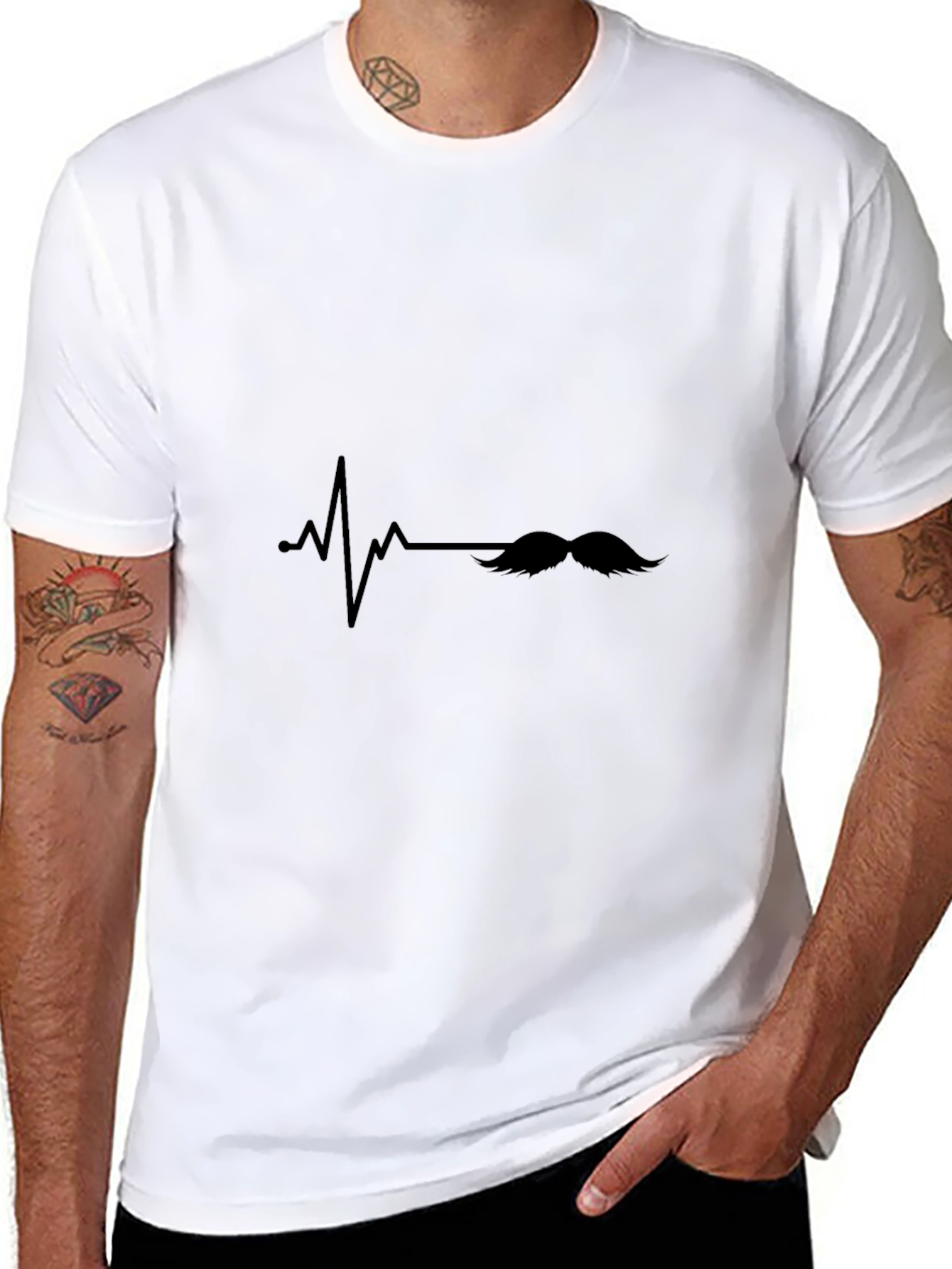 Mustache Heartbeat Graphic Tee - Black Casual T-Shirt