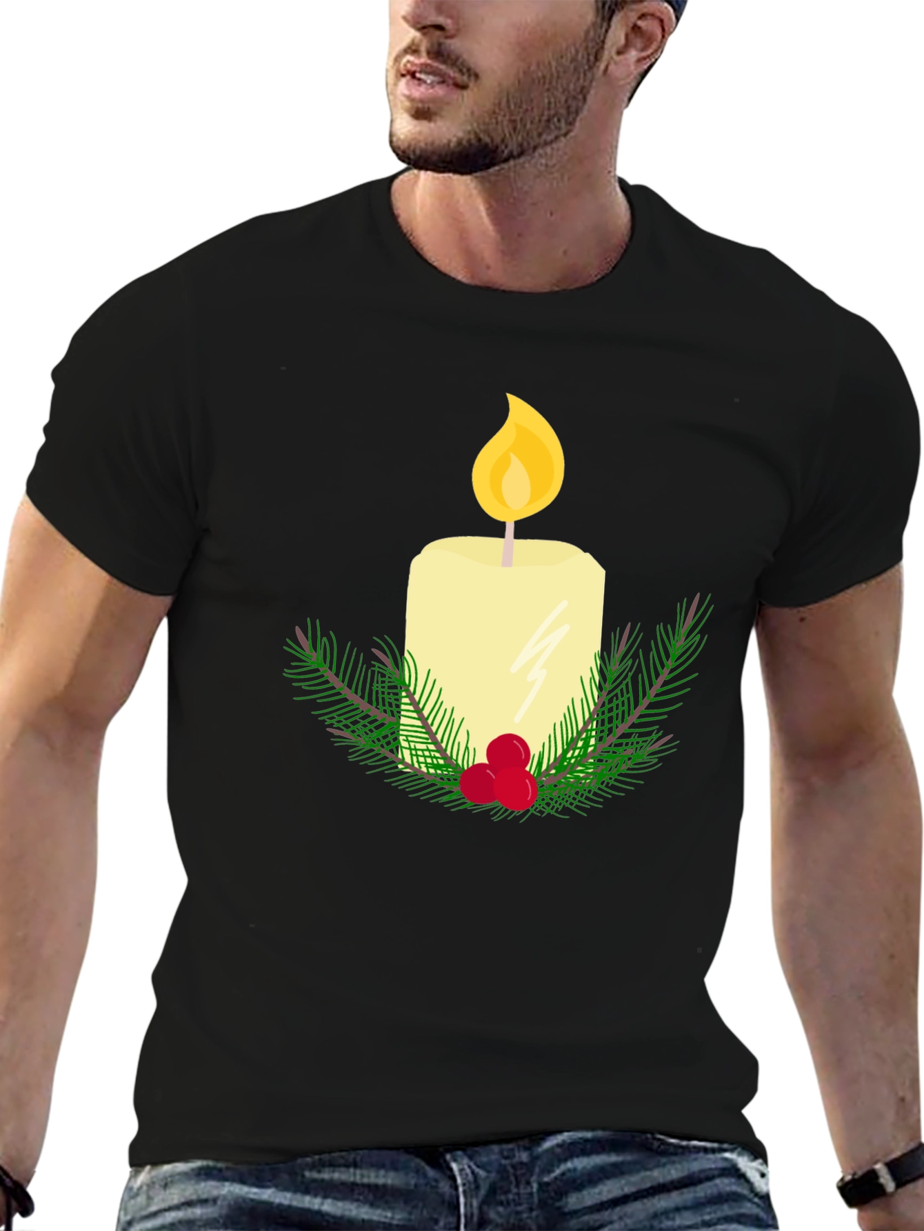 Festive Candle Graphic T-Shirt - Holiday Cheer