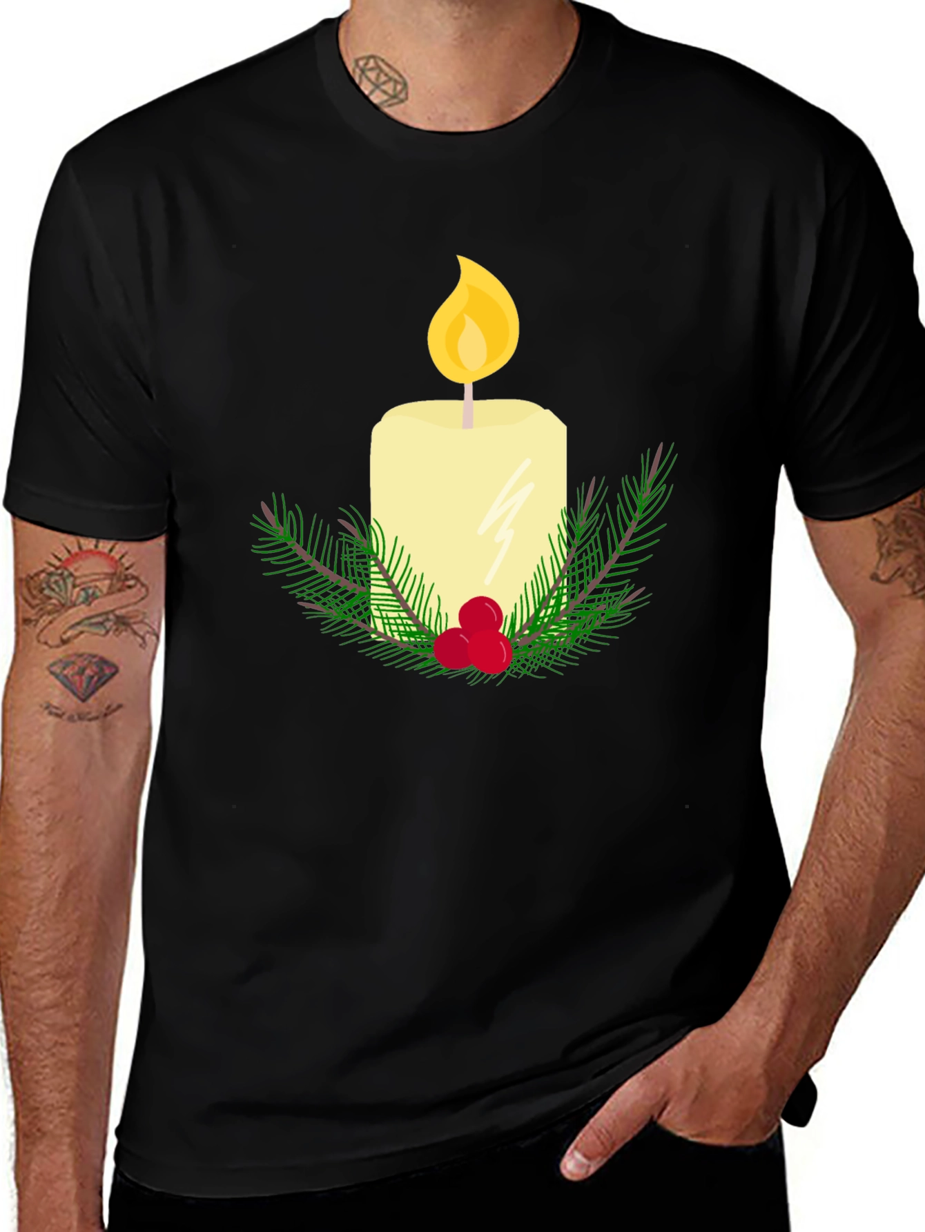 Festive Candle Graphic T-Shirt - Holiday Cheer