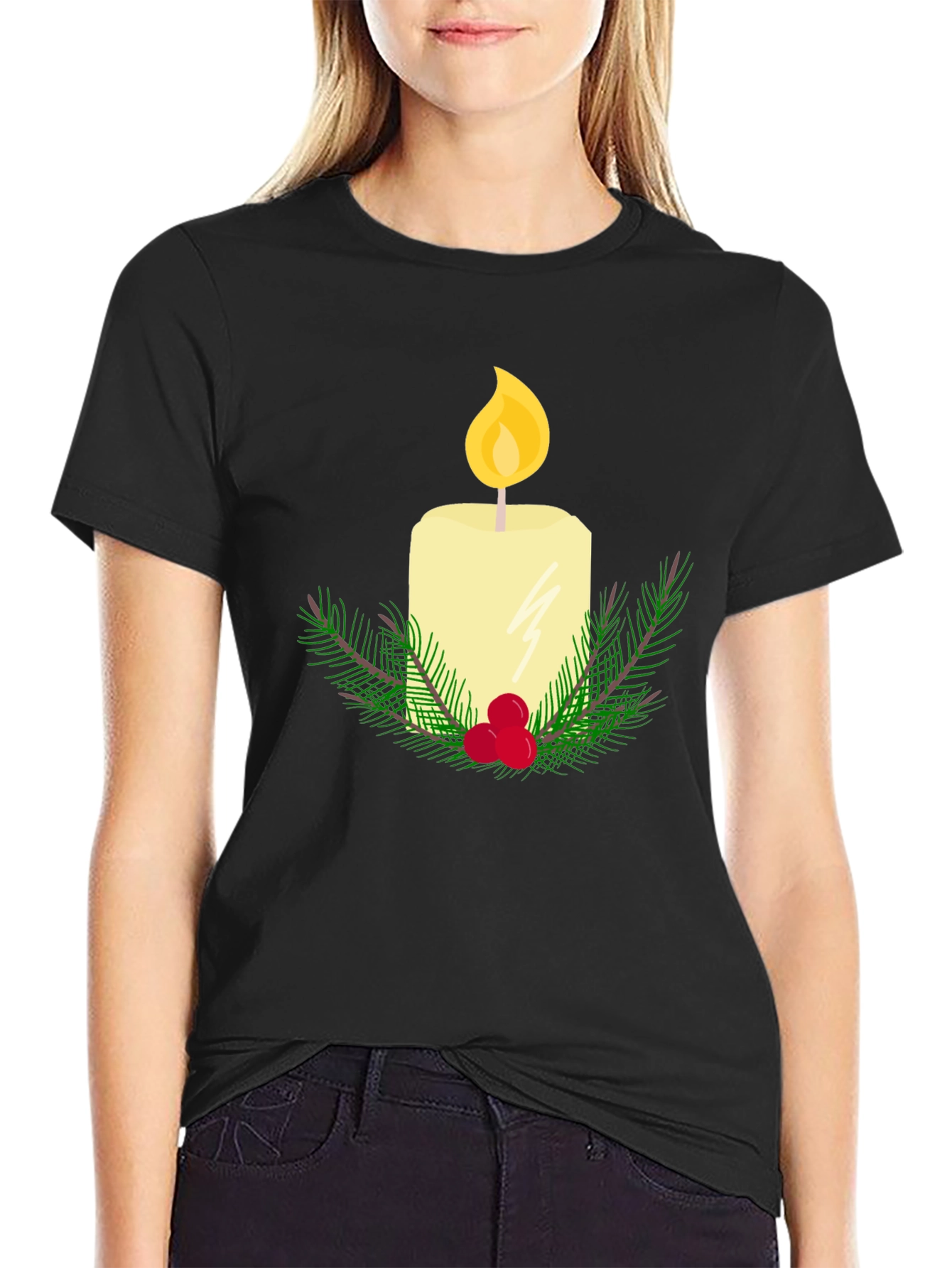 Festive Candle Graphic T-Shirt - Holiday Cheer
