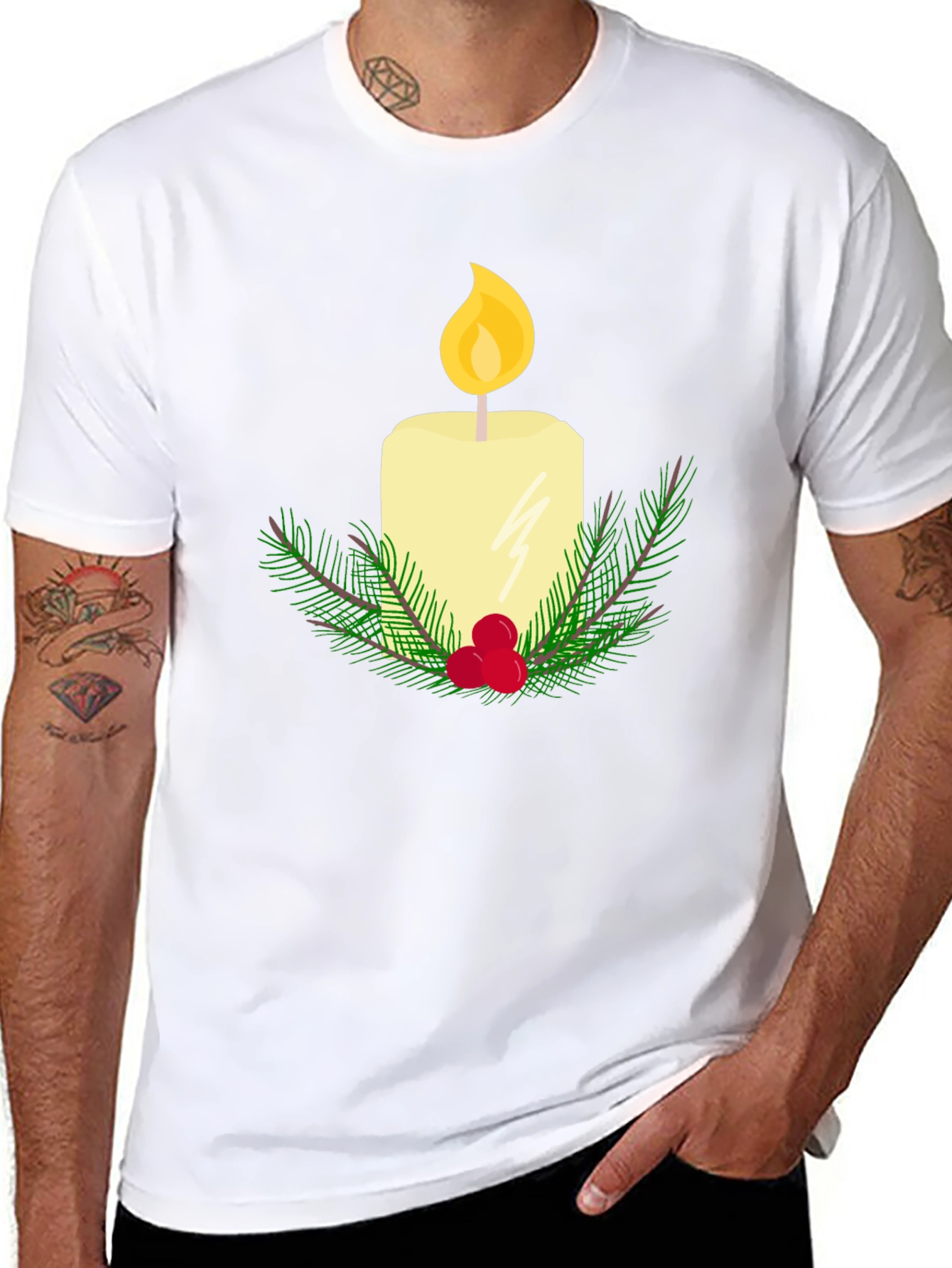 Festive Candle Graphic T-Shirt - Holiday Cheer