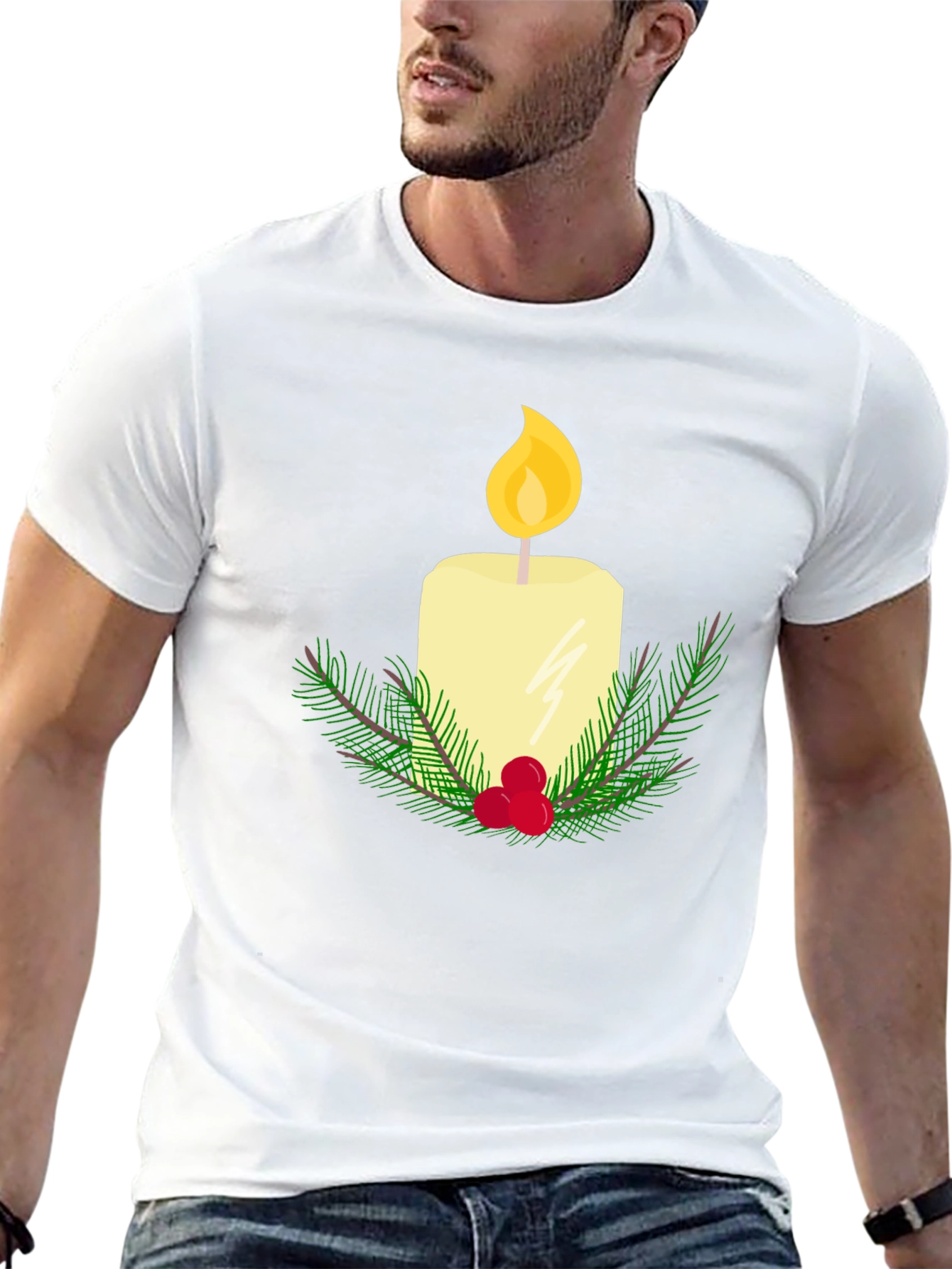 Festive Candle Graphic T-Shirt - Holiday Cheer