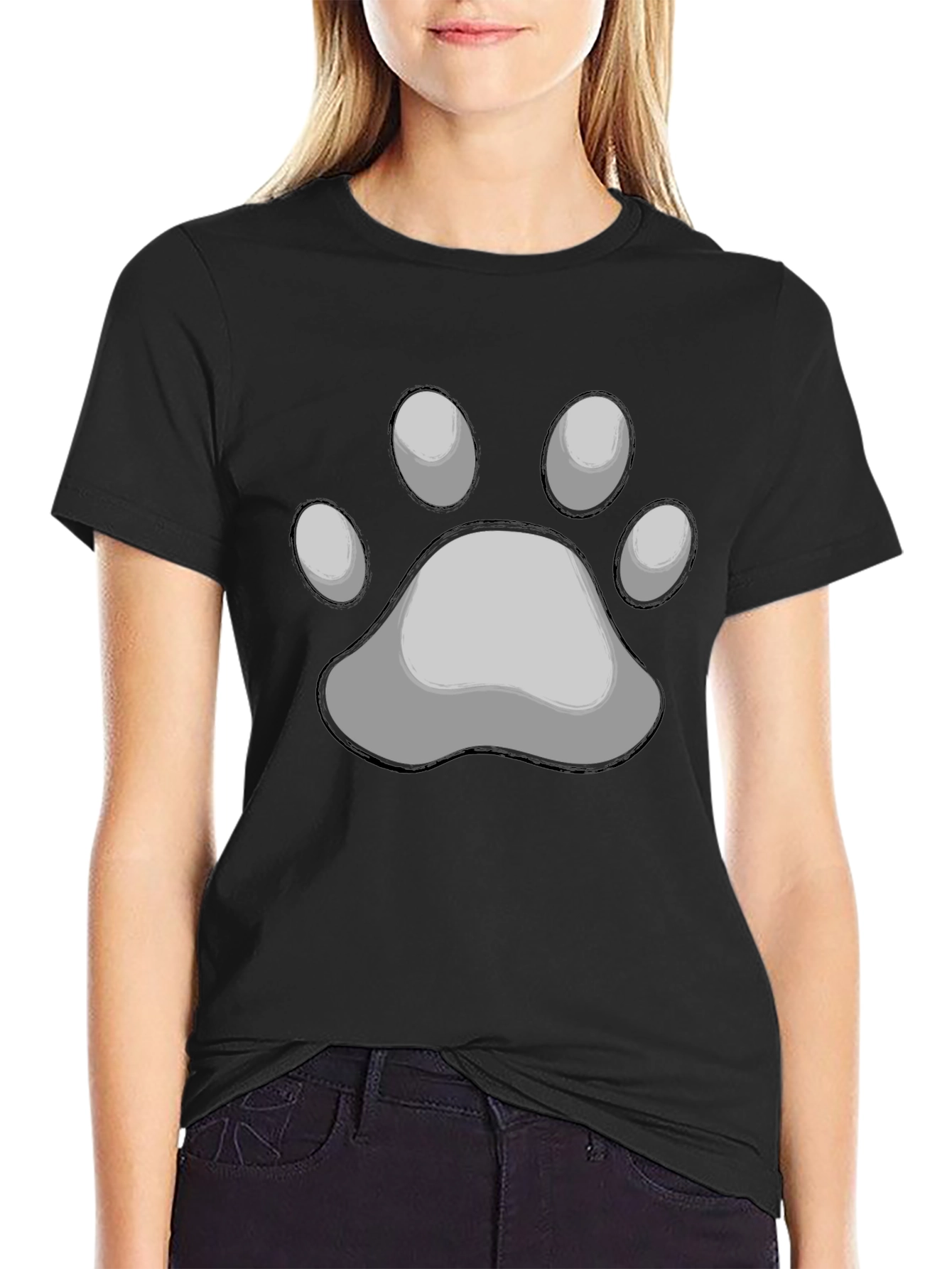 Paw Print Graphic Tee - Black Crew Neck
