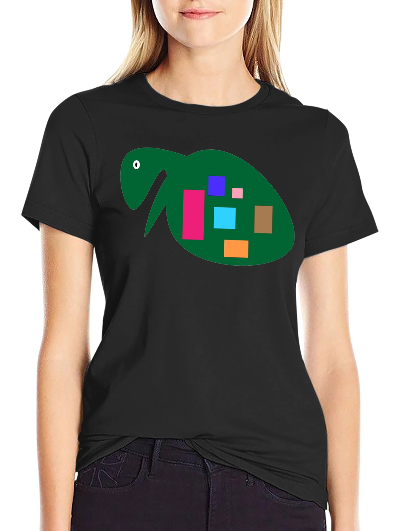 Abstract Turtle Graphic Tee - Black Cotton Casual