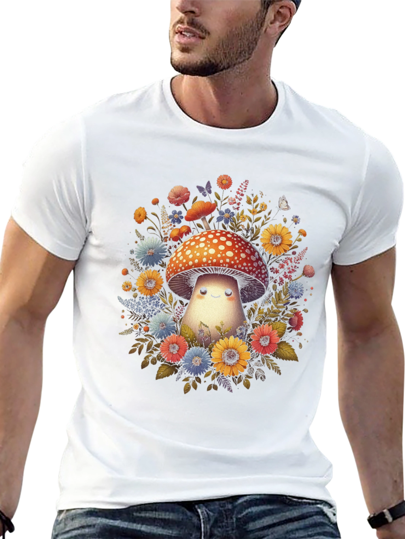 Mushroom & Floral Graphic Tee - Black Unisex
