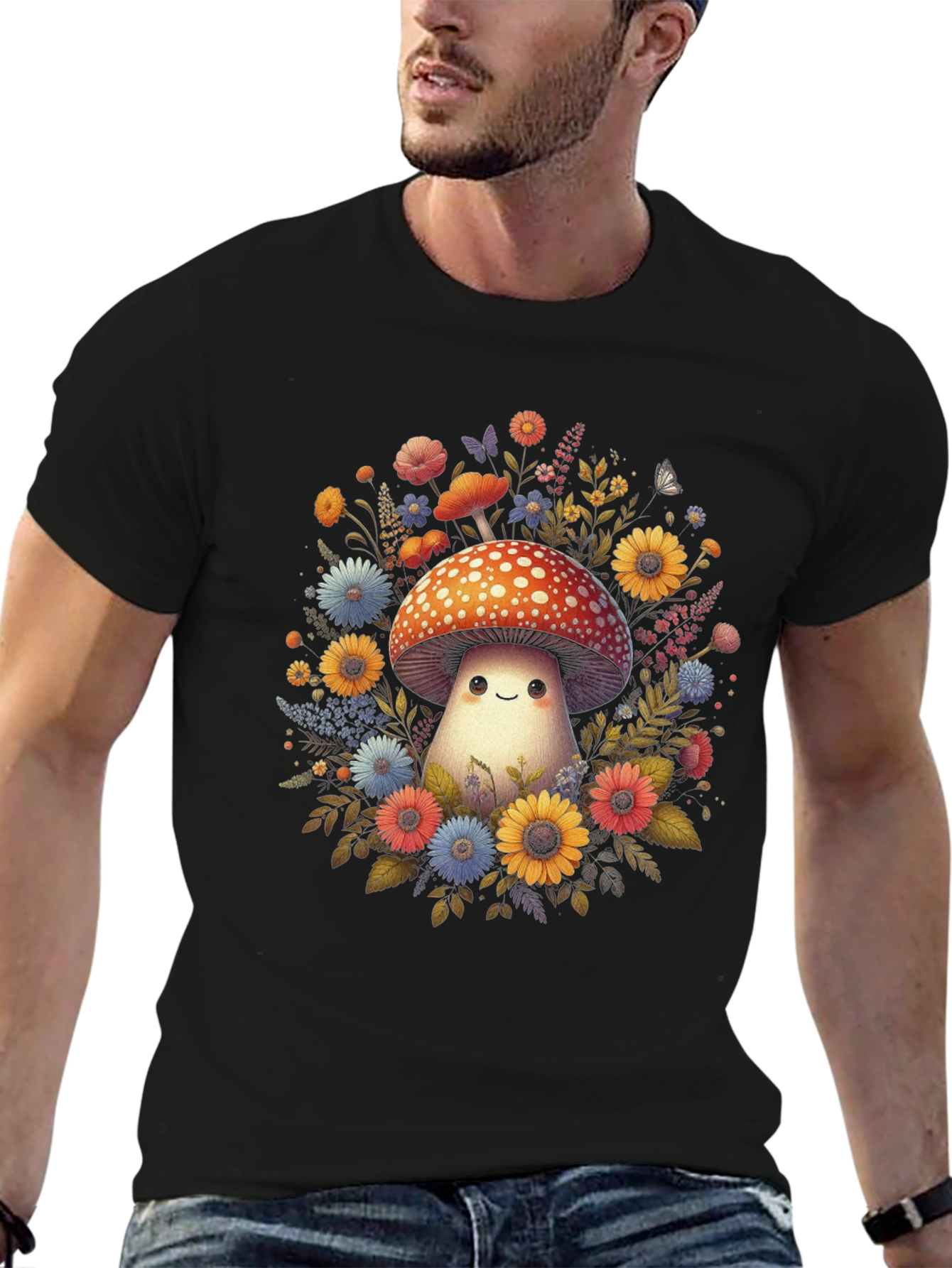 Mushroom & Floral Graphic Tee - Black Unisex
