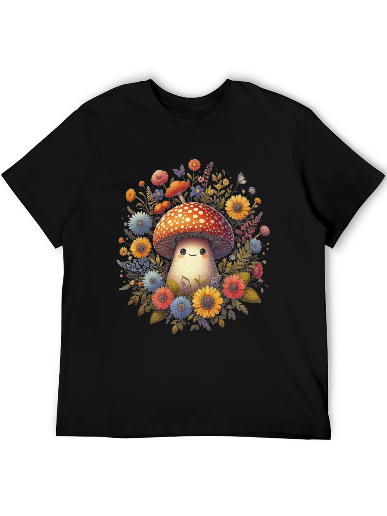 Mushroom & Floral Graphic Tee - Black Unisex