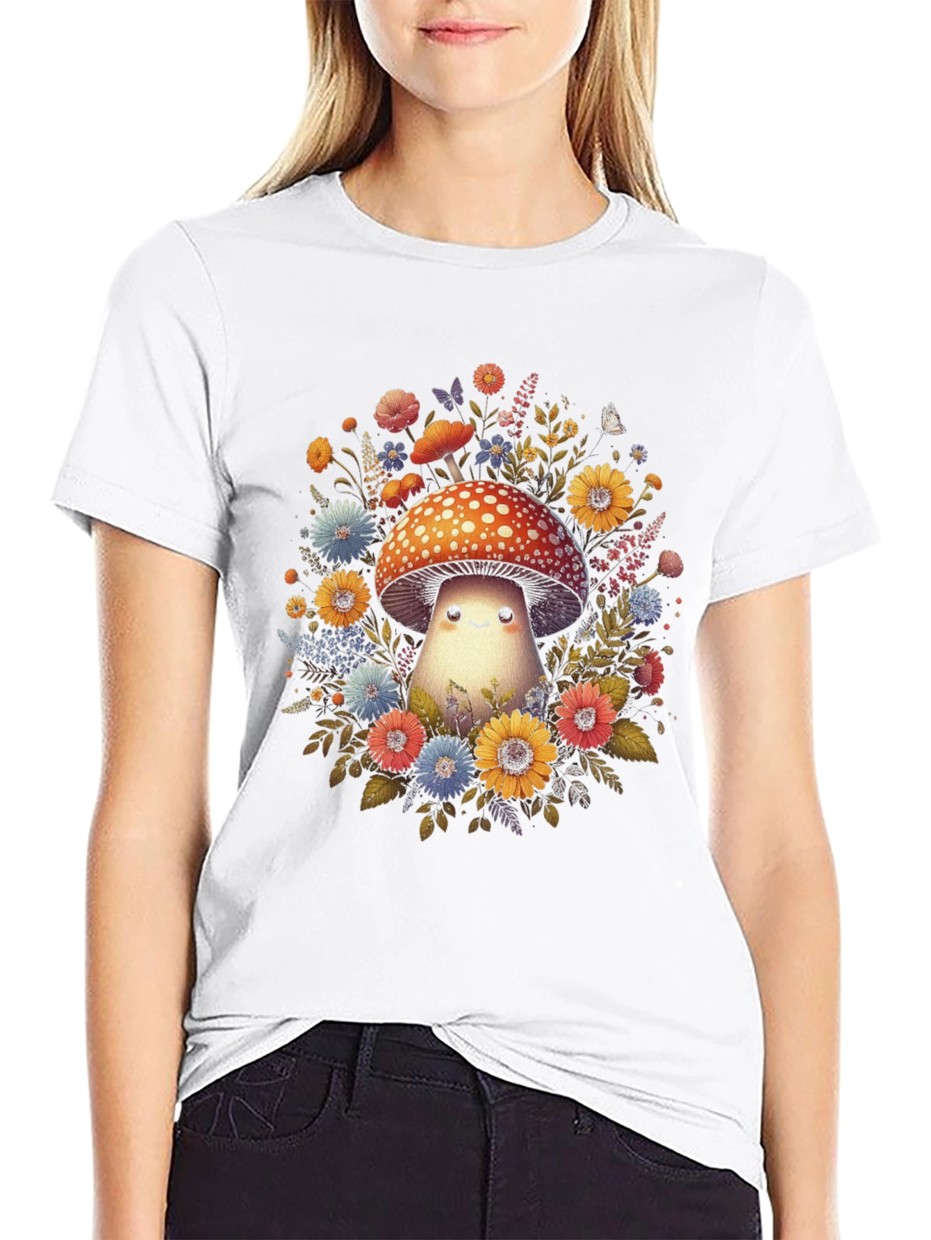 Mushroom & Floral Graphic Tee - Black Unisex