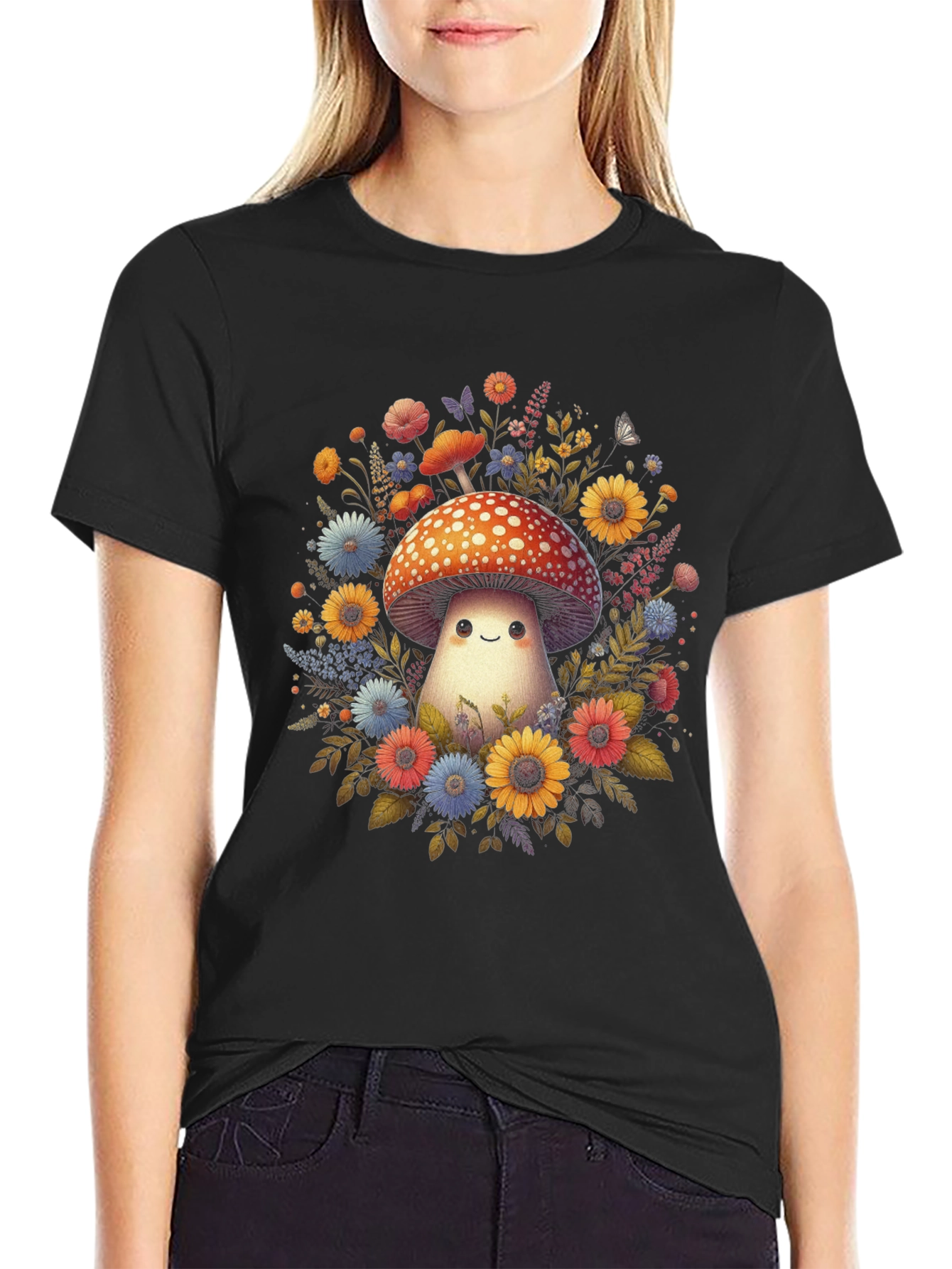 Mushroom & Floral Graphic Tee - Black Unisex