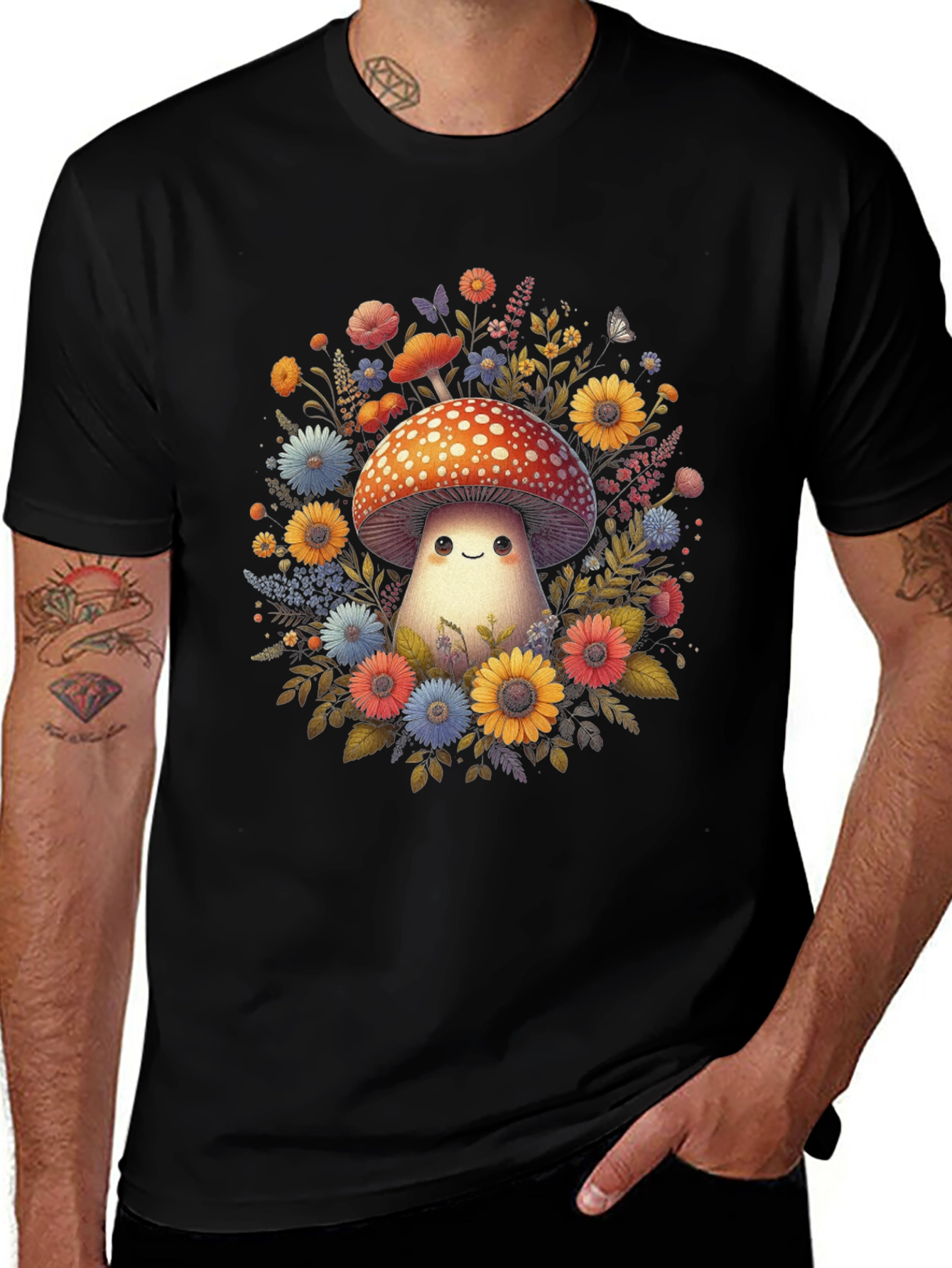 Mushroom & Floral Graphic Tee - Black Unisex