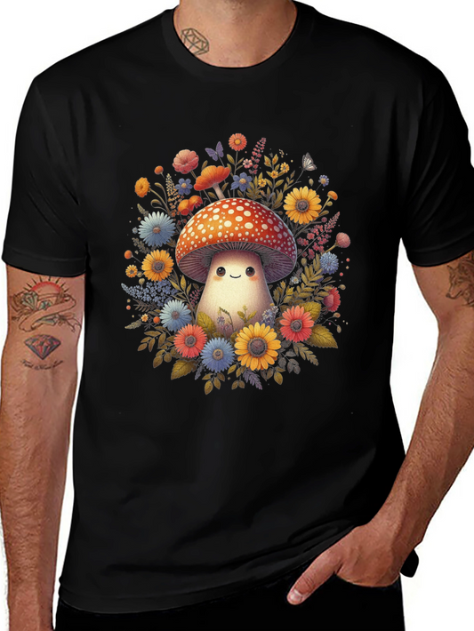 Mushroom & Floral Graphic Tee - Black Unisex