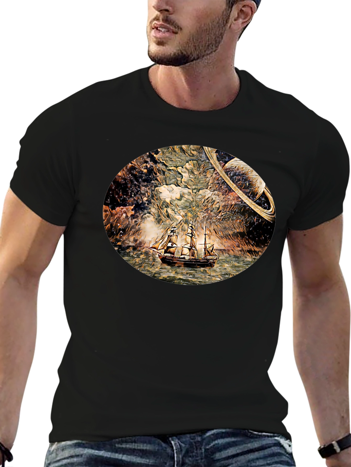 Space Sailing T-Shirt - Black Crew Neck
