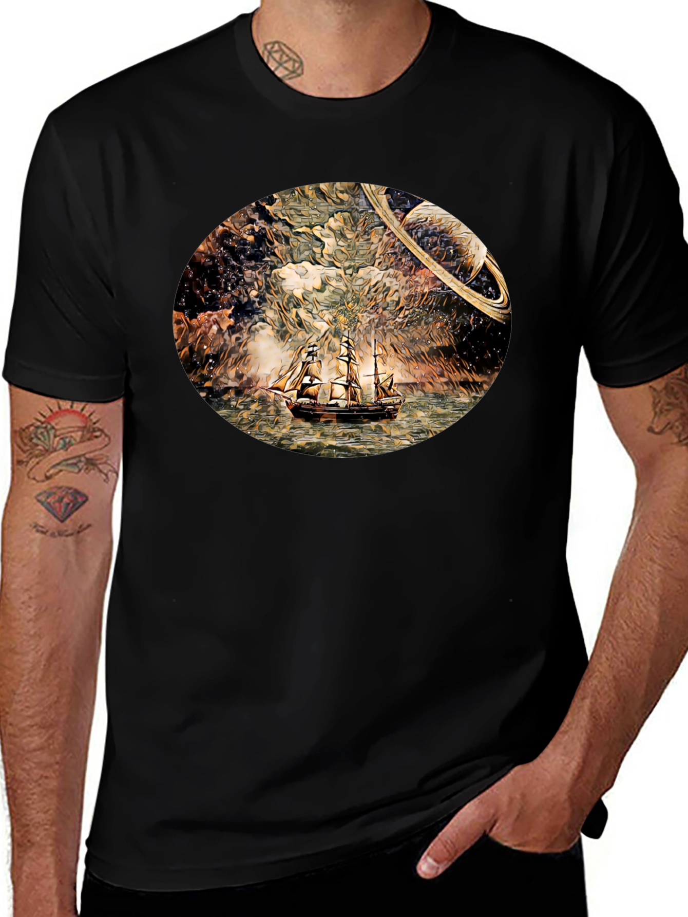 Space Sailing T-Shirt - Black Crew Neck