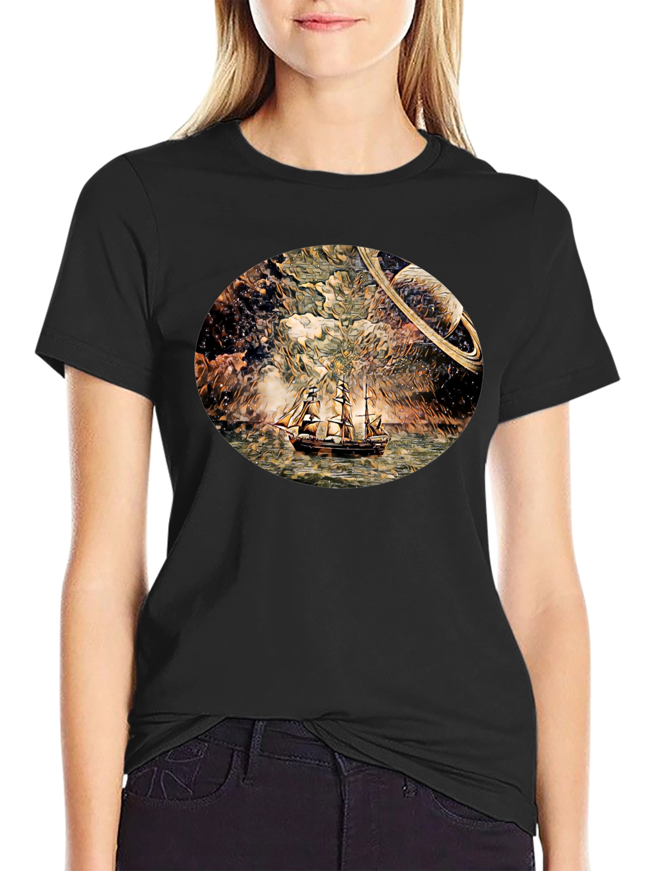 Space Sailing T-Shirt - Black Crew Neck