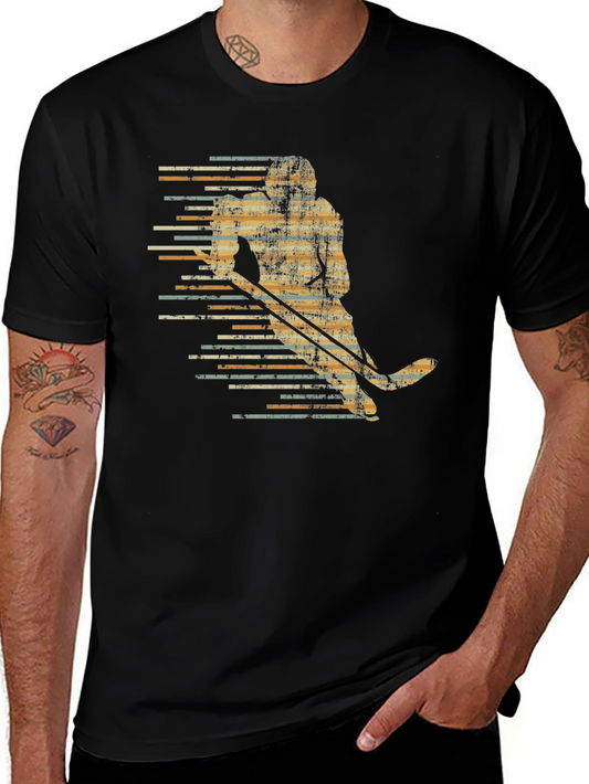 Vintage Hockey Player Graphic Tee - Black Cotton Blend