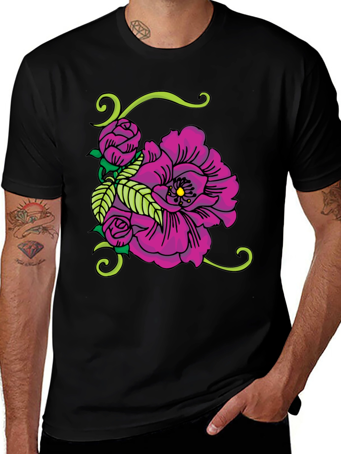 Floral Tattoo Graphic Black T-Shirt