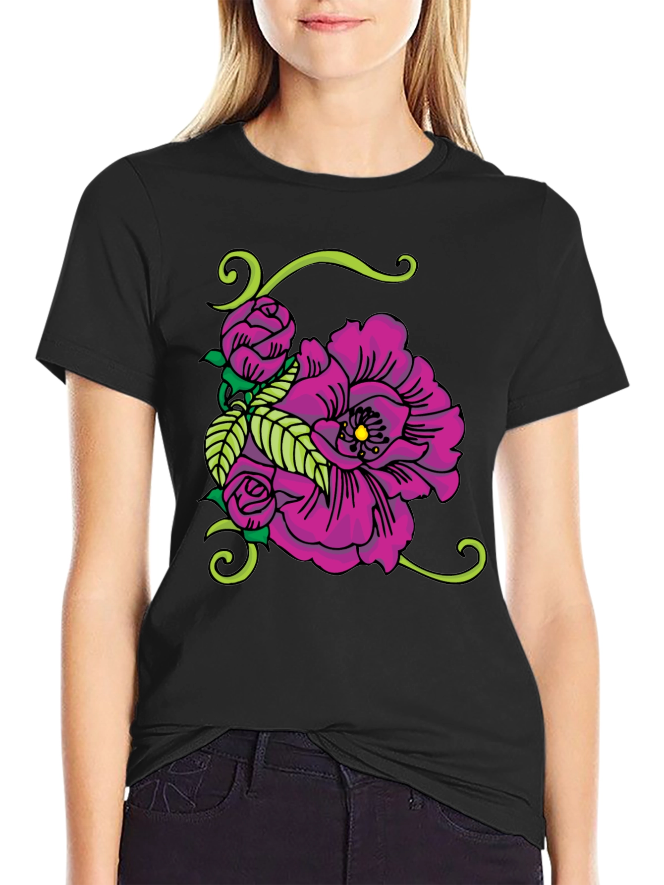 Floral Tattoo Graphic Black T-Shirt