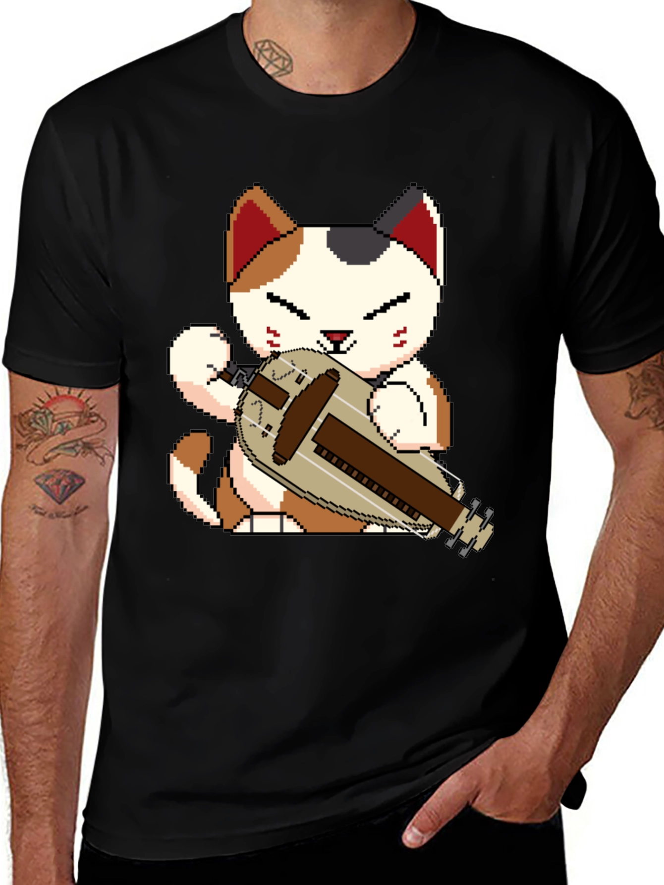 Pixel Cat Hurdy Gurdy Black Tee