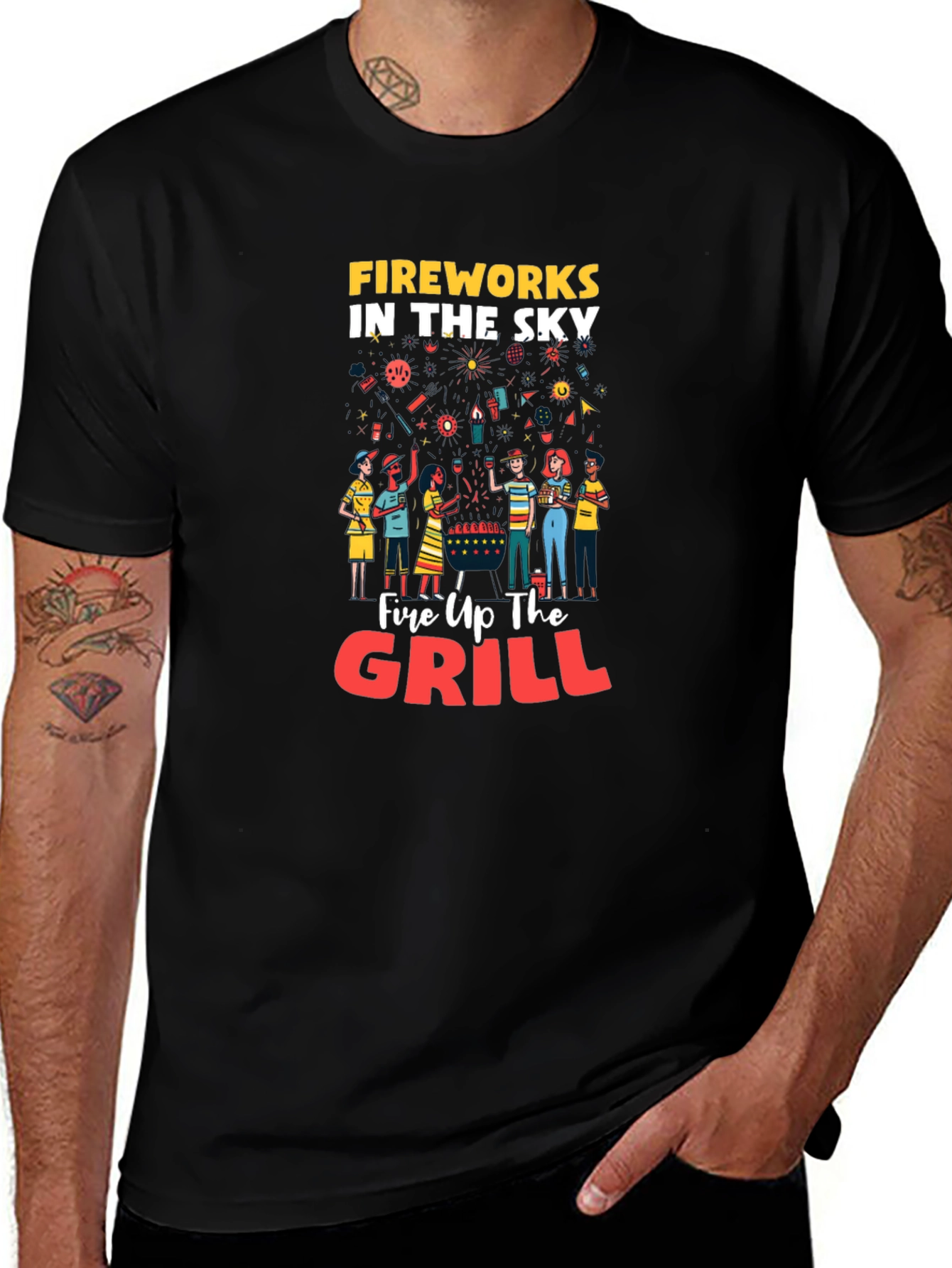 Fireworks Grill Party Black Graphic T-Shirt