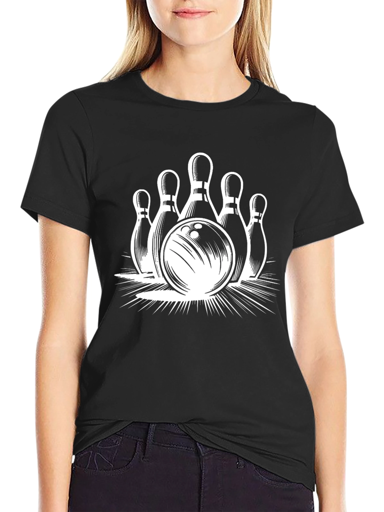 Bowling Strike Graphic Tee - Black Cotton T-Shirt