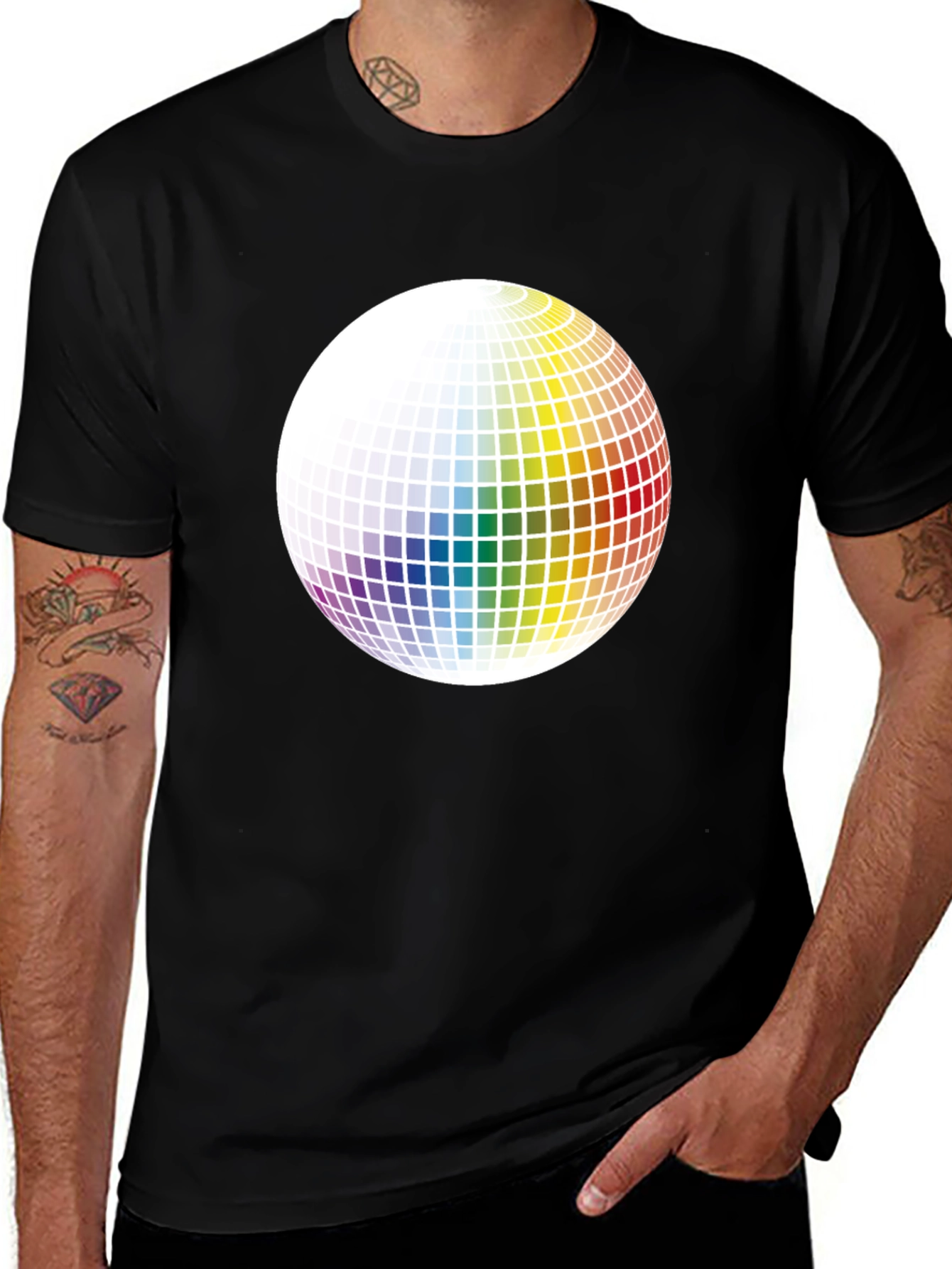 Retro Rainbow Sphere Graphic Tee - Black Cotton Blend