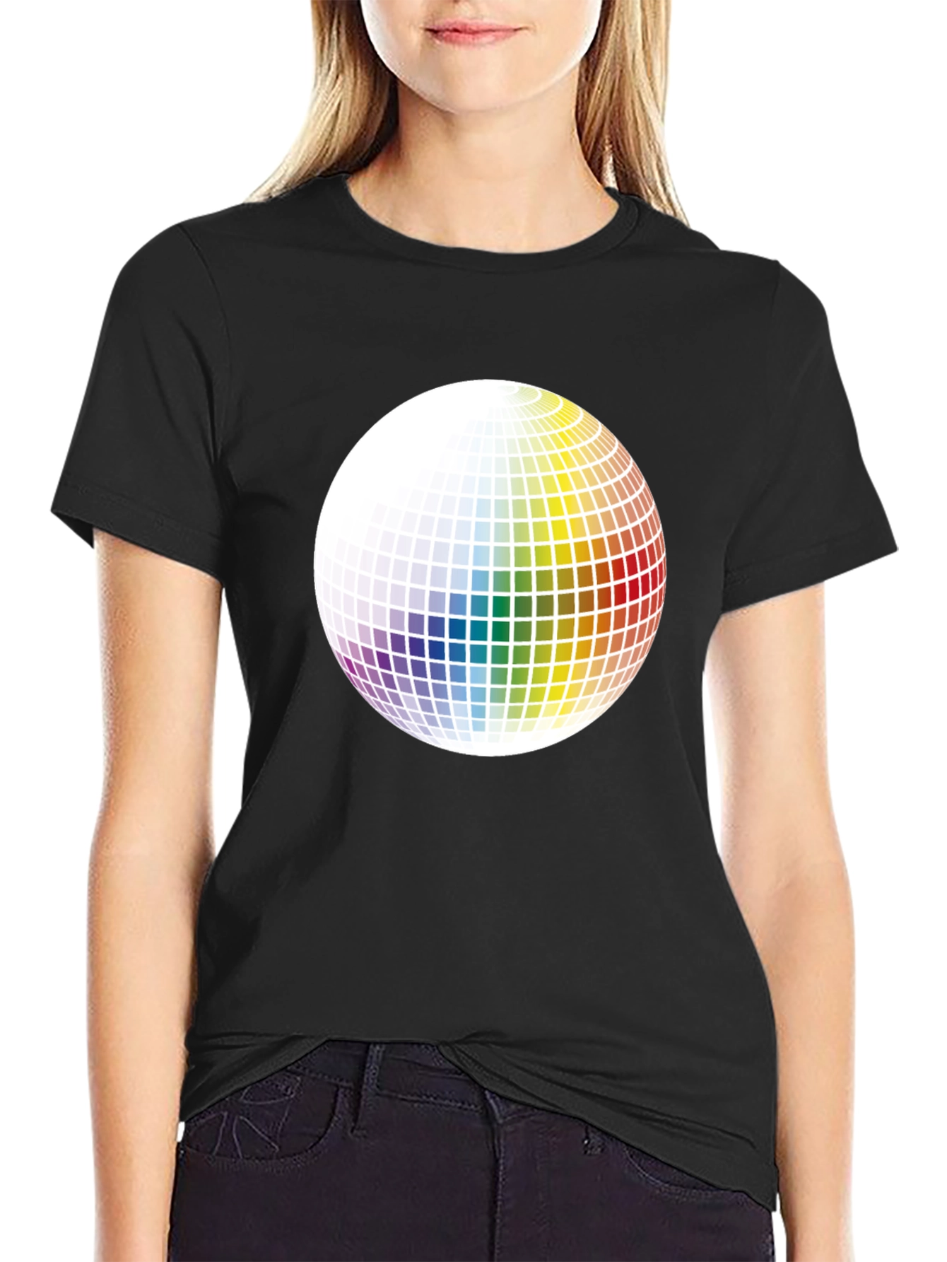 Retro Rainbow Sphere Graphic Tee - Black Cotton Blend