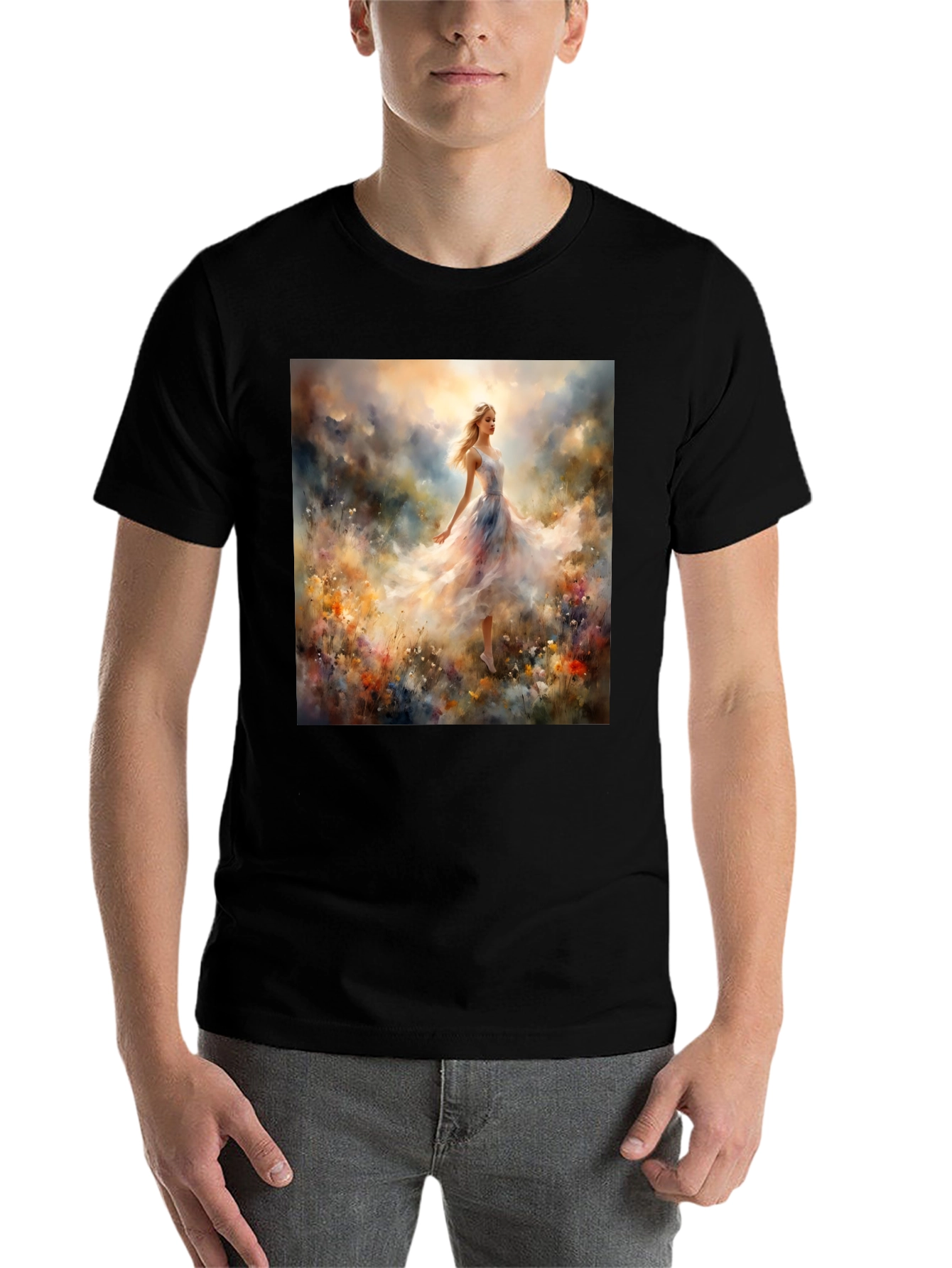 Whimsical Floral Gown Tee - Artistic Black T-Shirt