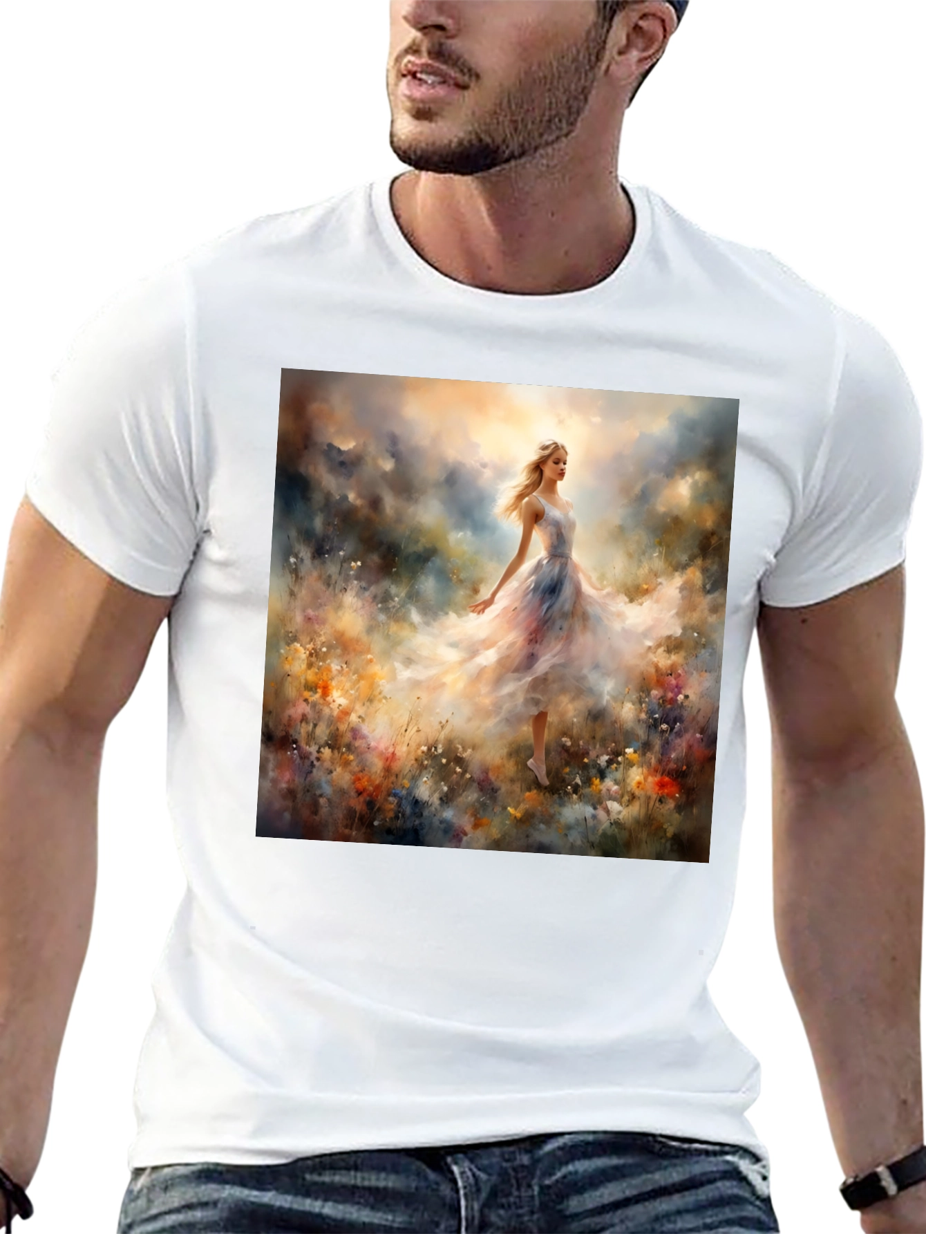 Whimsical Floral Gown Tee - Artistic Black T-Shirt