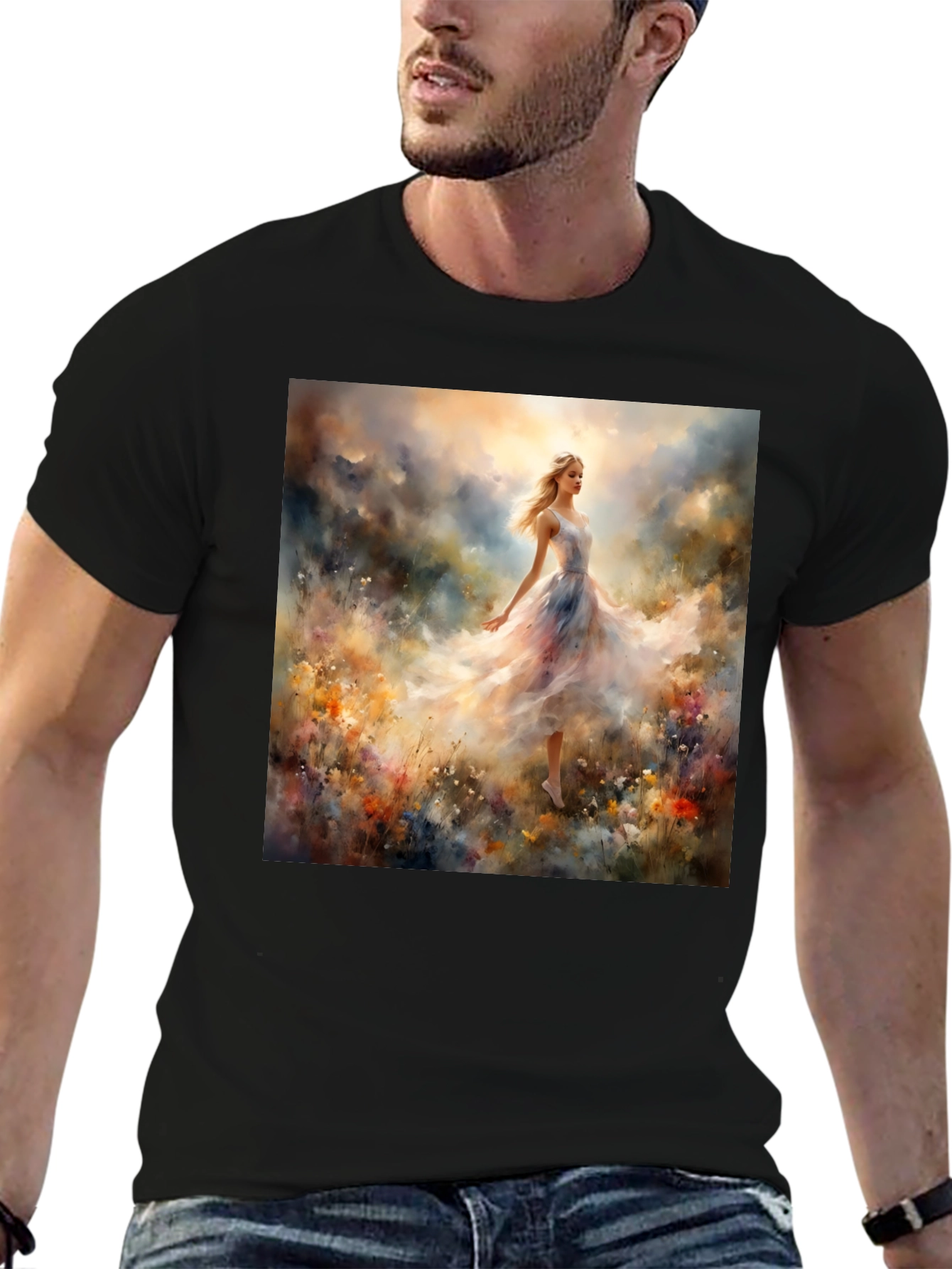 Whimsical Floral Gown Tee - Artistic Black T-Shirt