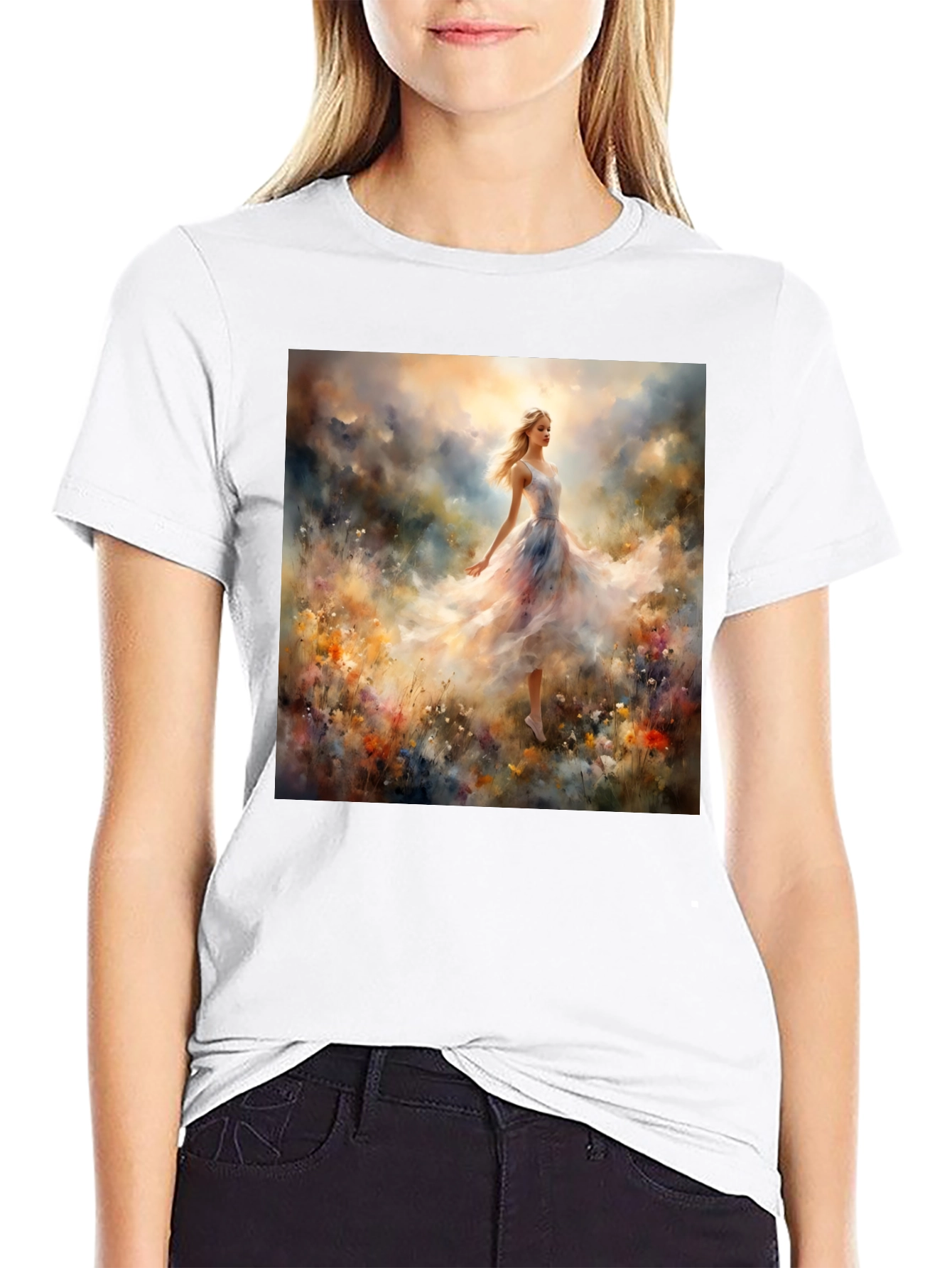 Whimsical Floral Gown Tee - Artistic Black T-Shirt