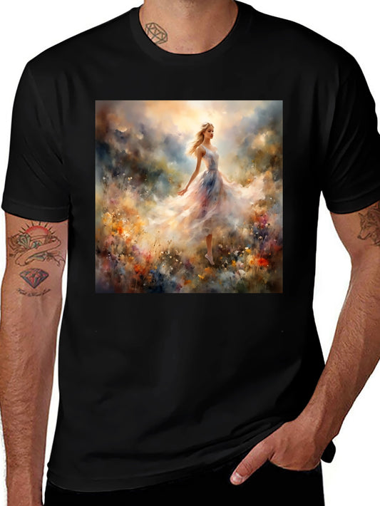 Whimsical Floral Gown Tee - Artistic Black T-Shirt
