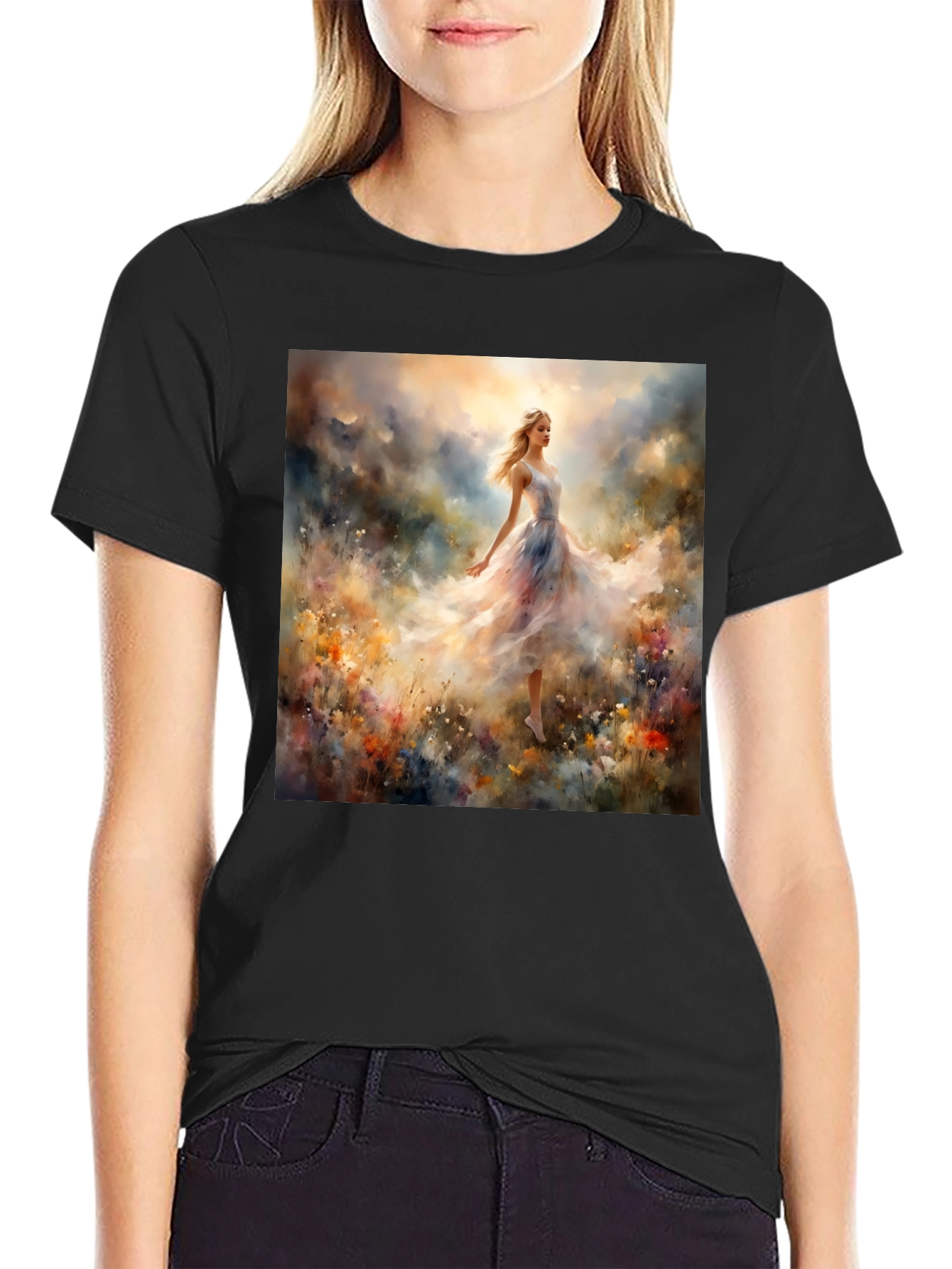 Whimsical Floral Gown Tee - Artistic Black T-Shirt