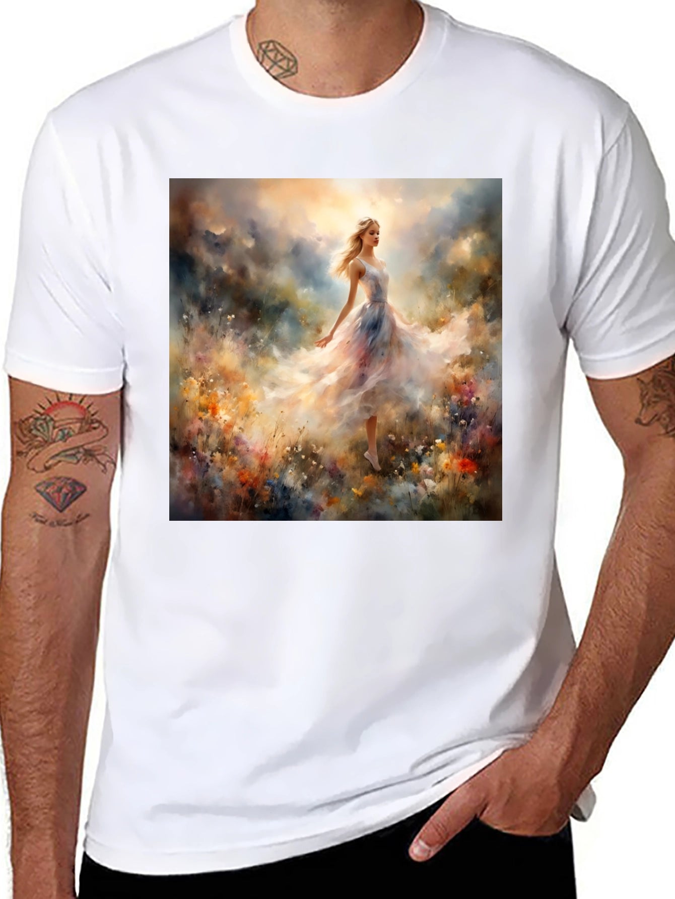Whimsical Floral Gown Tee - Artistic Black T-Shirt
