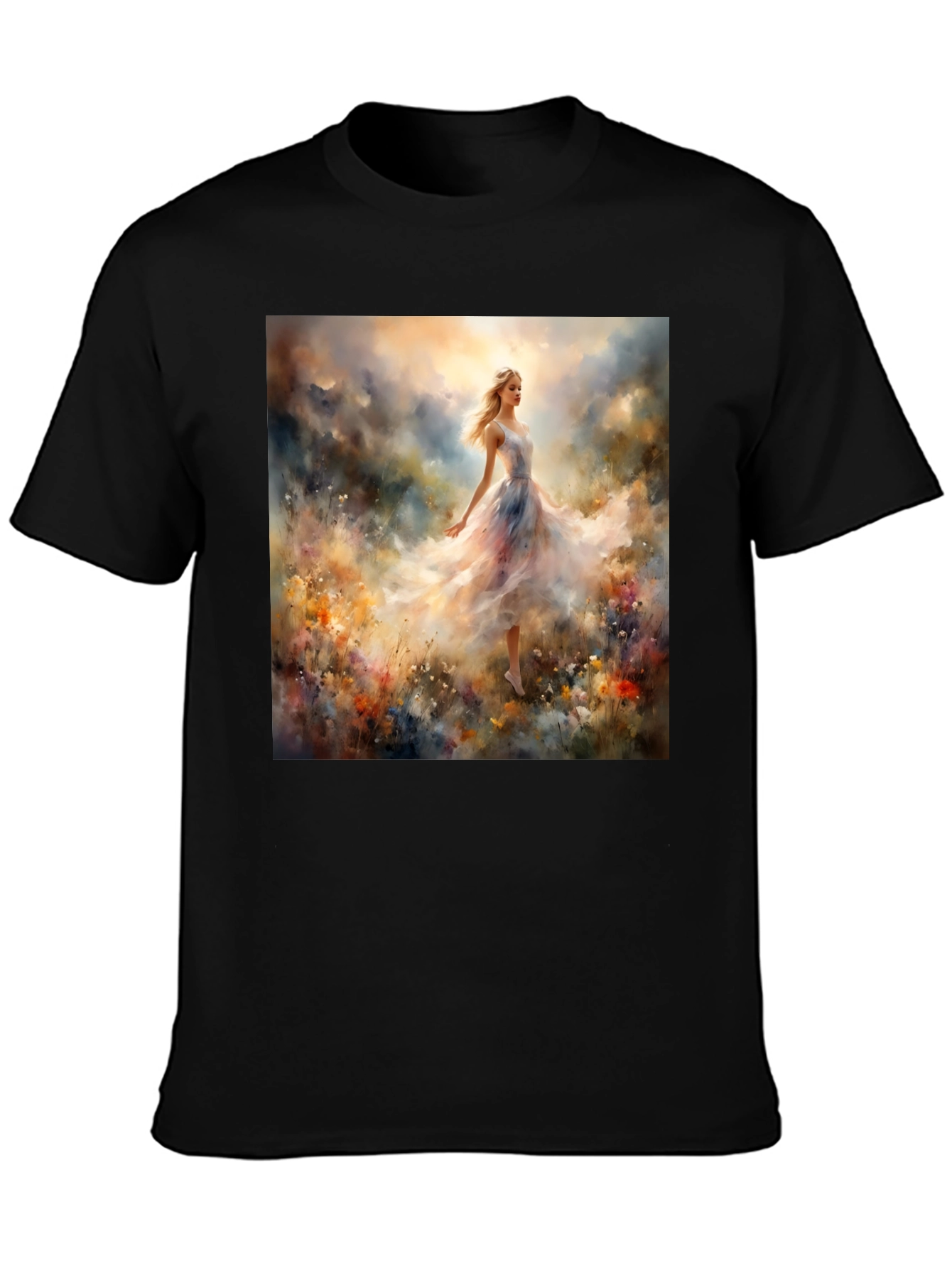 Whimsical Floral Gown Tee - Artistic Black T-Shirt
