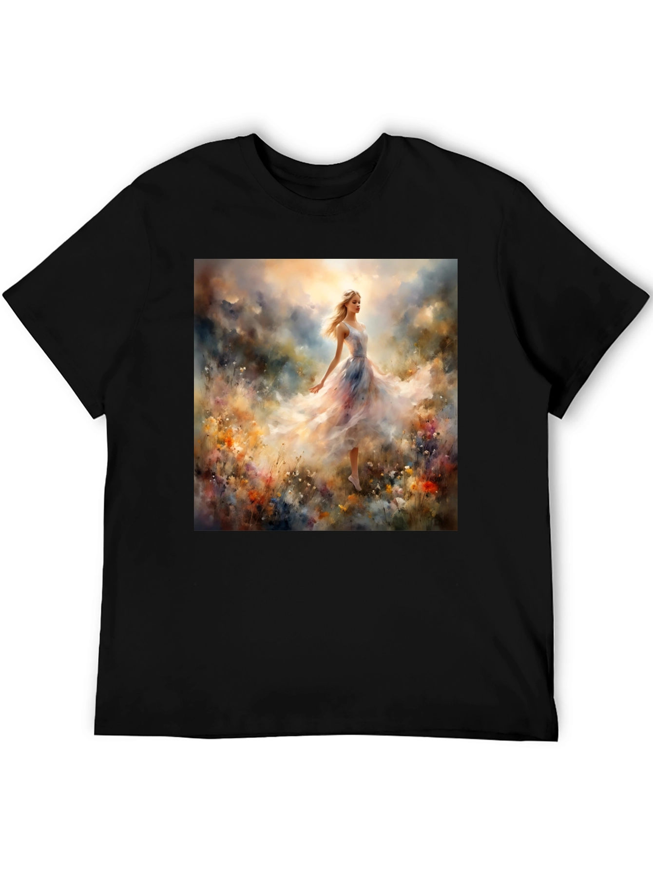 Whimsical Floral Gown Tee - Artistic Black T-Shirt